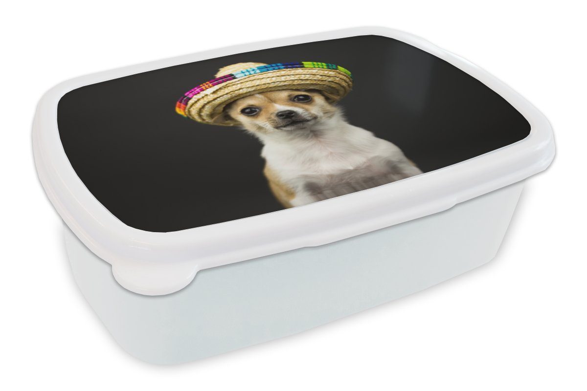 MuchoWow Lunchbox Hund - Sombrero - Schwarz, Kunststoff, (2-tlg), Brotbox für Kinder und Erwachsene, Brotdose, für Jungs und Mädchen weiß