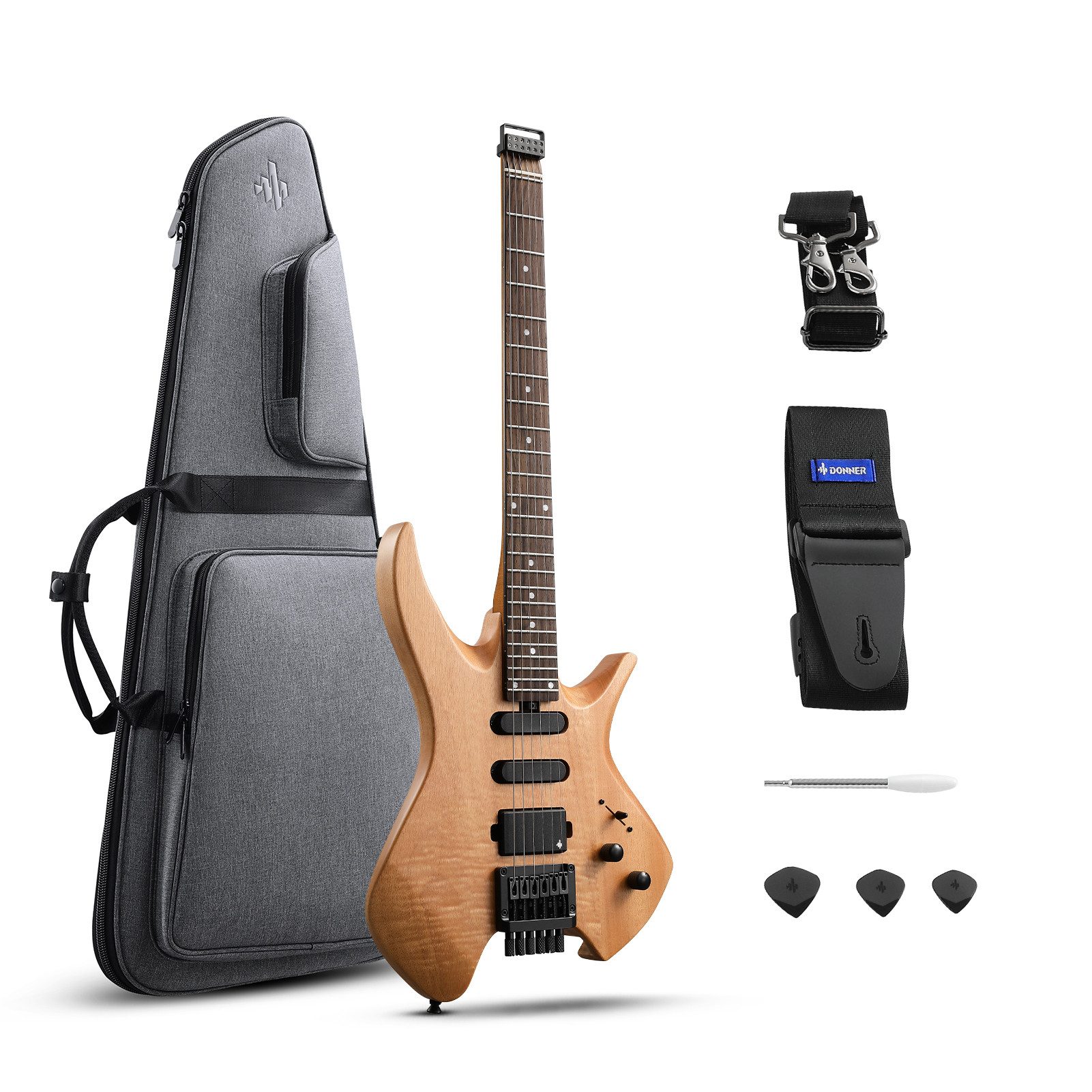 Donner E-Gitarre Headless Reisegitarre HSS Pickups, 2.4kg leicht, inkl. Tasche, HLX-500, Modernes Headless-Design, Ausgewogenes Schwerpunkt, Gitarrentasche, Tragegurt, Plektrum, Kompakt & Leicht, Patentiertes Headless-System