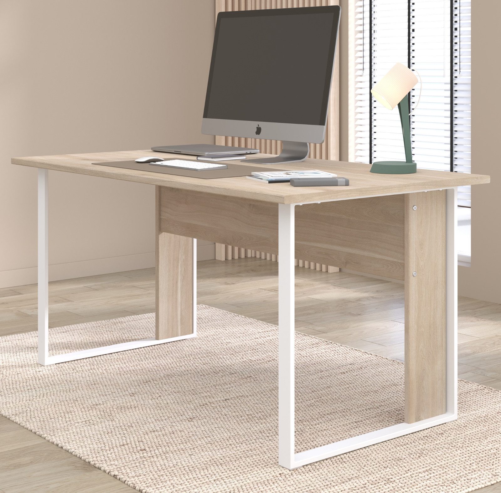 Parisot Schreibtisch Remote (Laptoptisch in Eiche mit Weiß, 150 x 80 cm), auf Metallgestell, bis 65 Kg belastbar