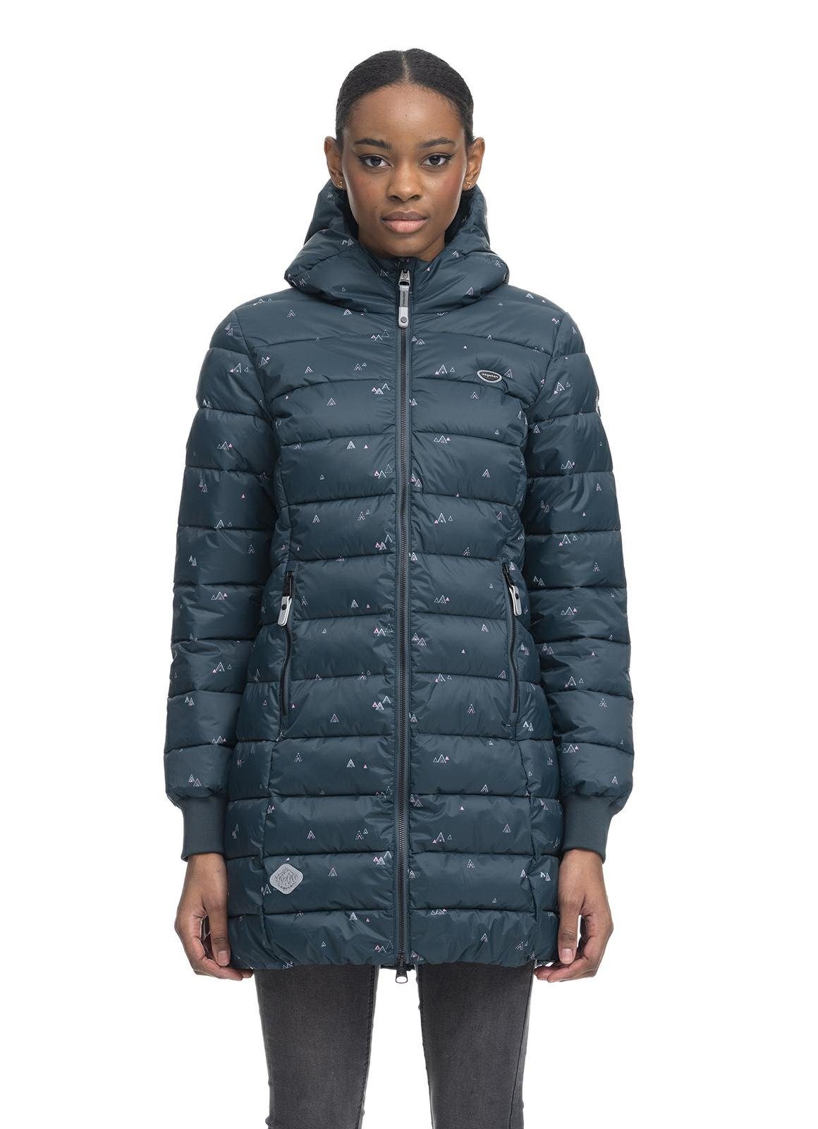 Ragwear Steppjacke Tiasa Kapuze Winterjacke dunkelgrün mit Gemusterte Long