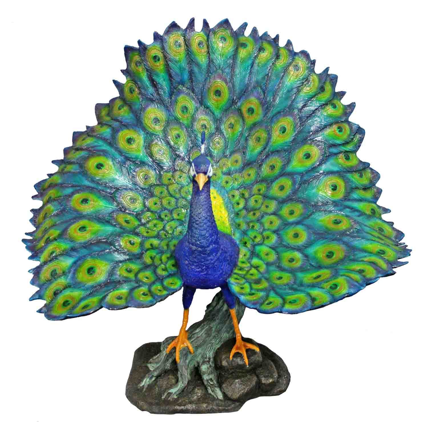 Skulptur Bronzefigur großer Pfau mit bunten Federn