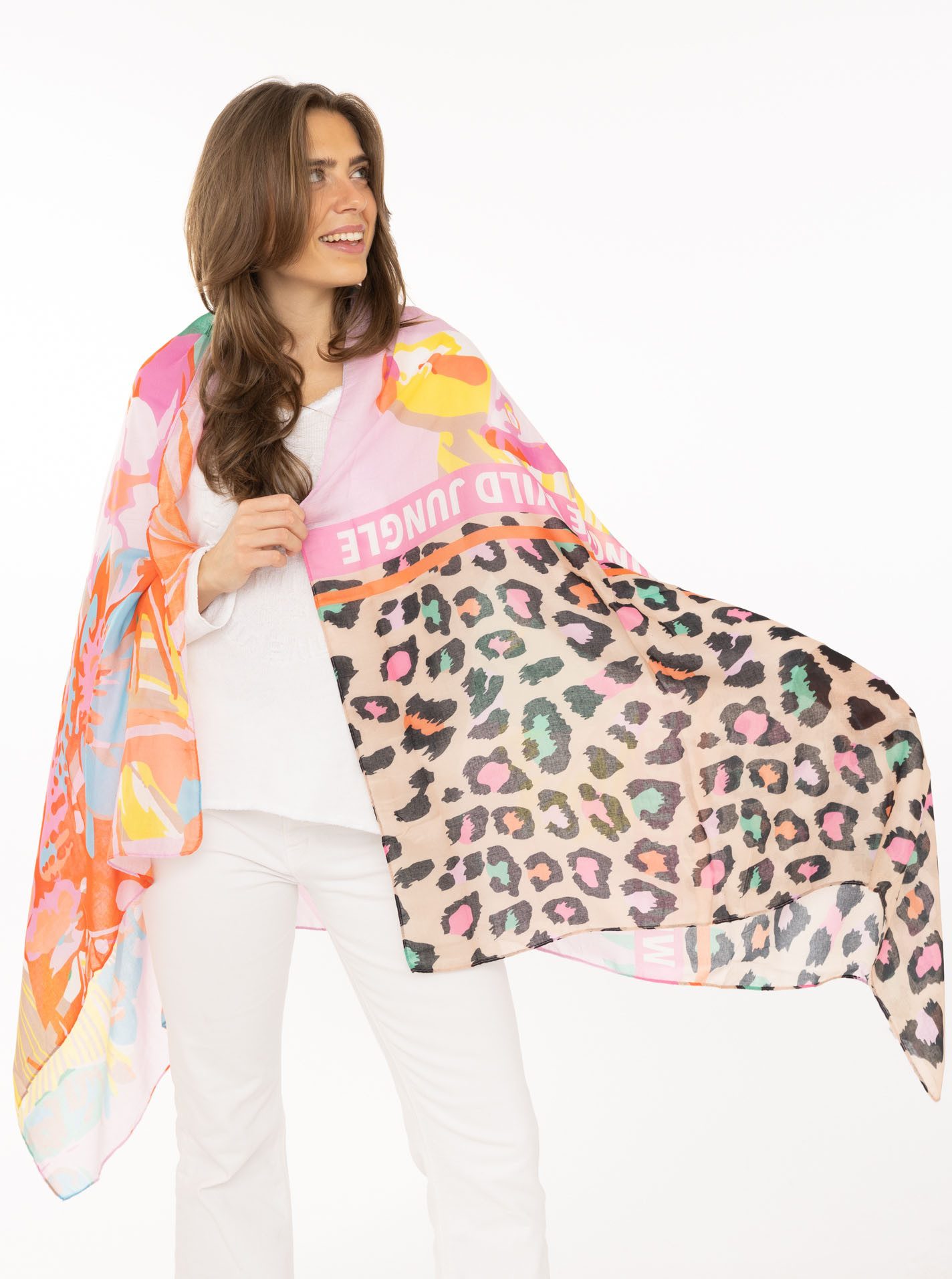 Zwillingsherz Schal "Wild Jungle", farbenfrohes Muster mit Schriftzug