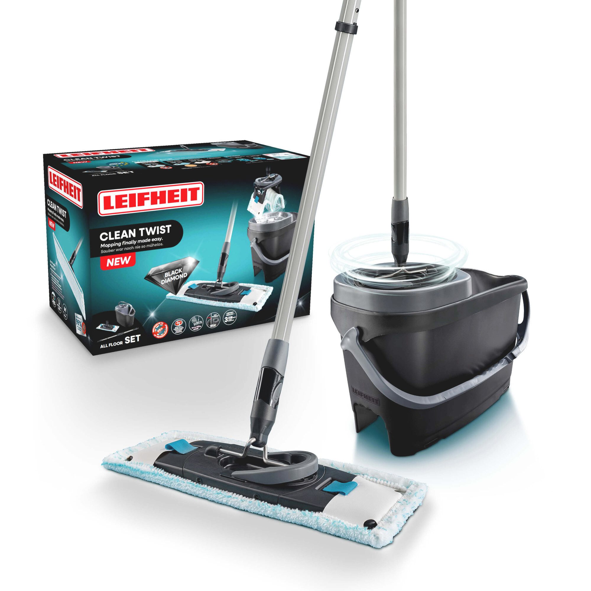 Leifheit Bodenwischer-Set Set CLEAN TWIST M Ergo Black, (4-St), Waschbarer Bezug bis 200x, keine Hände im Schmutzwasser, Teleskopstiel