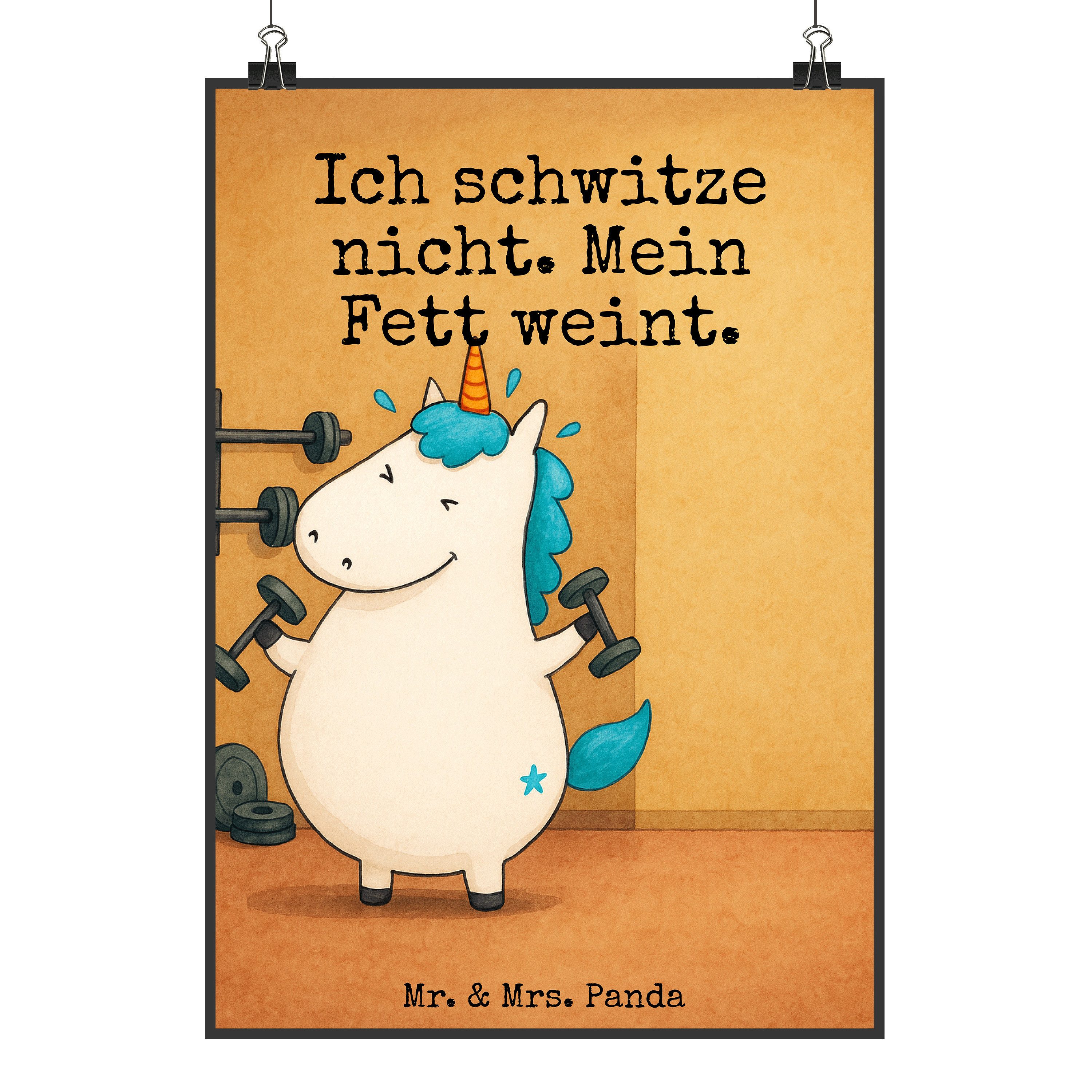 Mr. & Mrs. Panda Poster Einhorn Fitness Design, Bild DIN A5, Weiß, drucke, Abnehmen, Kunstdru, Einhorn Fitness (Packung), Designposter drucke Design Poster
