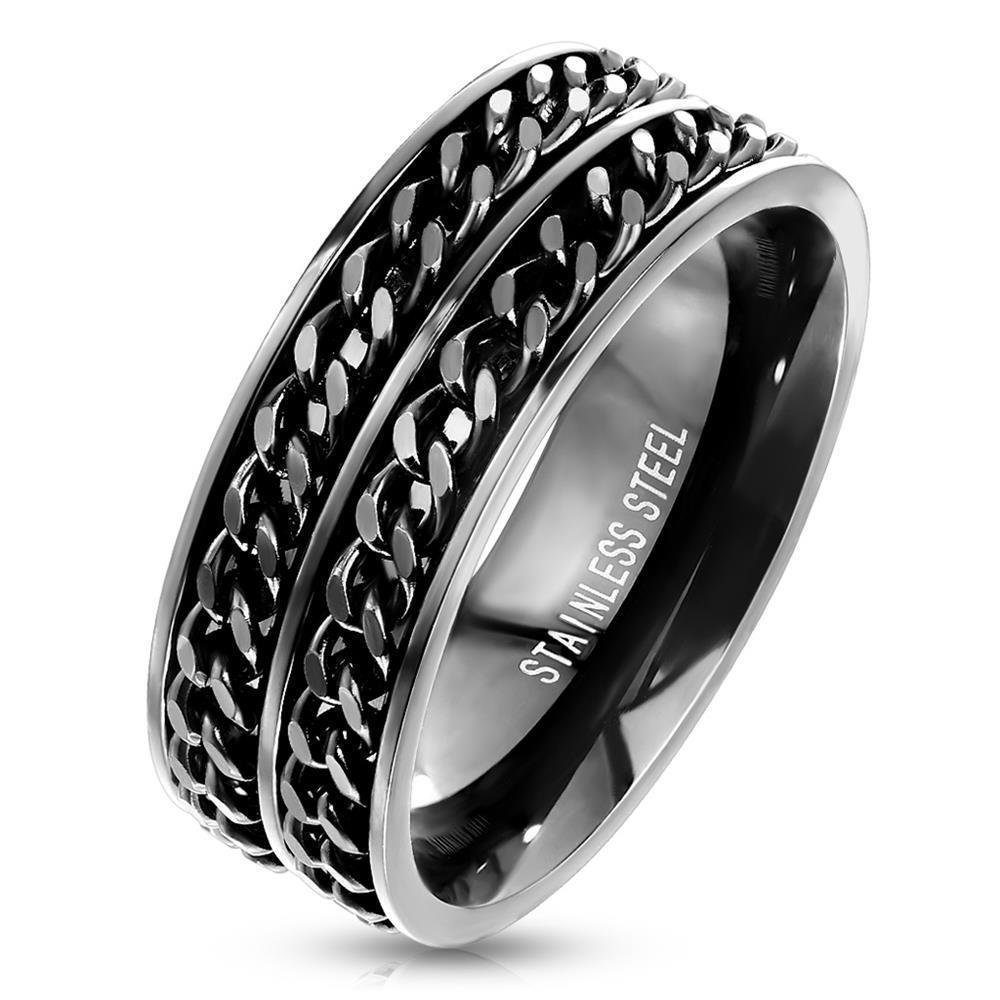 BUNGSA Fingerring Ring Doppelkette schwarz aus Edelstahl Herren (Ring, 1-tlg), Damen Herren