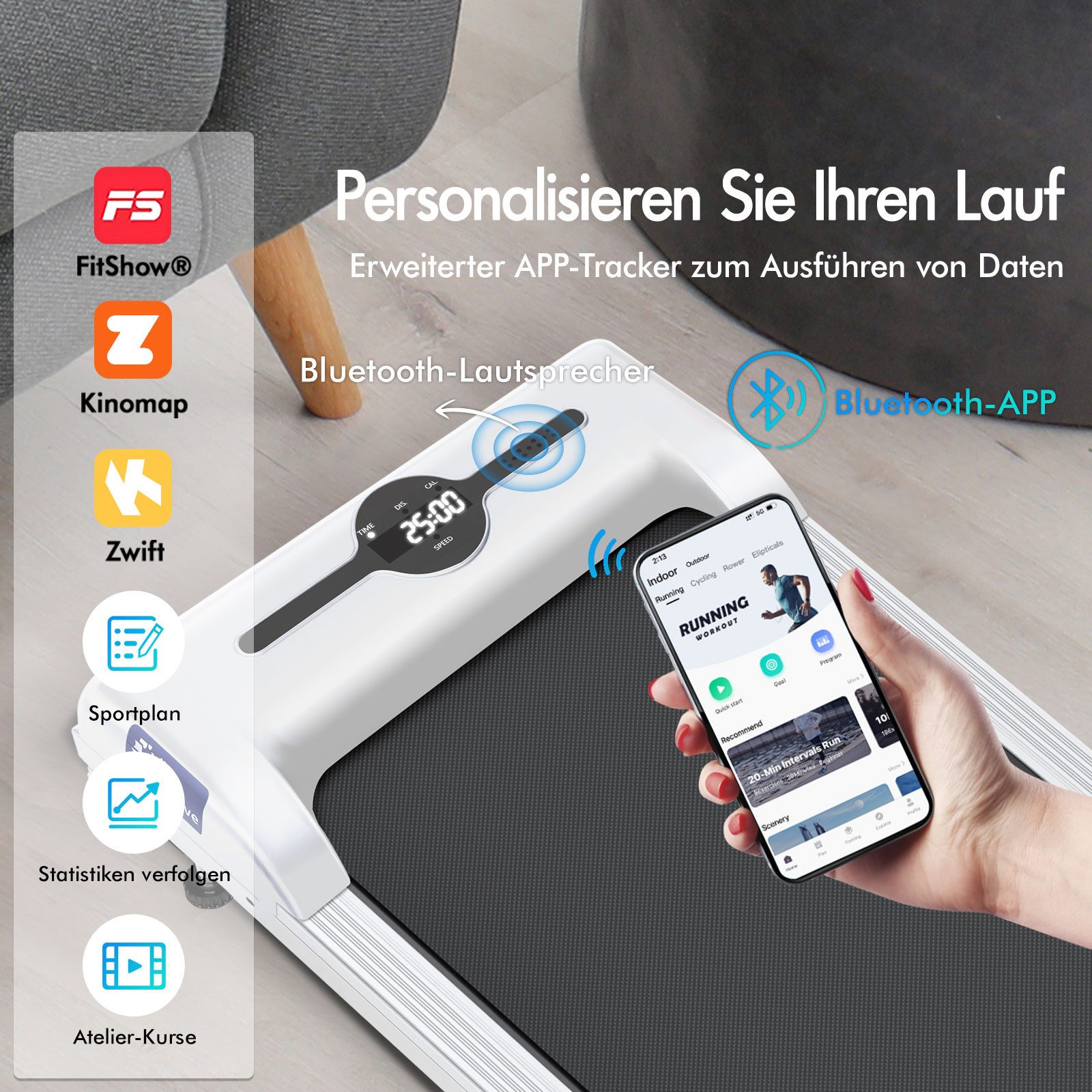 BLACK LORD Laufband für Zuhause, Walking Pad, Klappbares Untertisch-Laufband mit Armlehne (119 x 48,5 x 103 cm, 1-tlg), mit Bluetooth, Fernbedienung, Lautsprecher, 1-12km/h