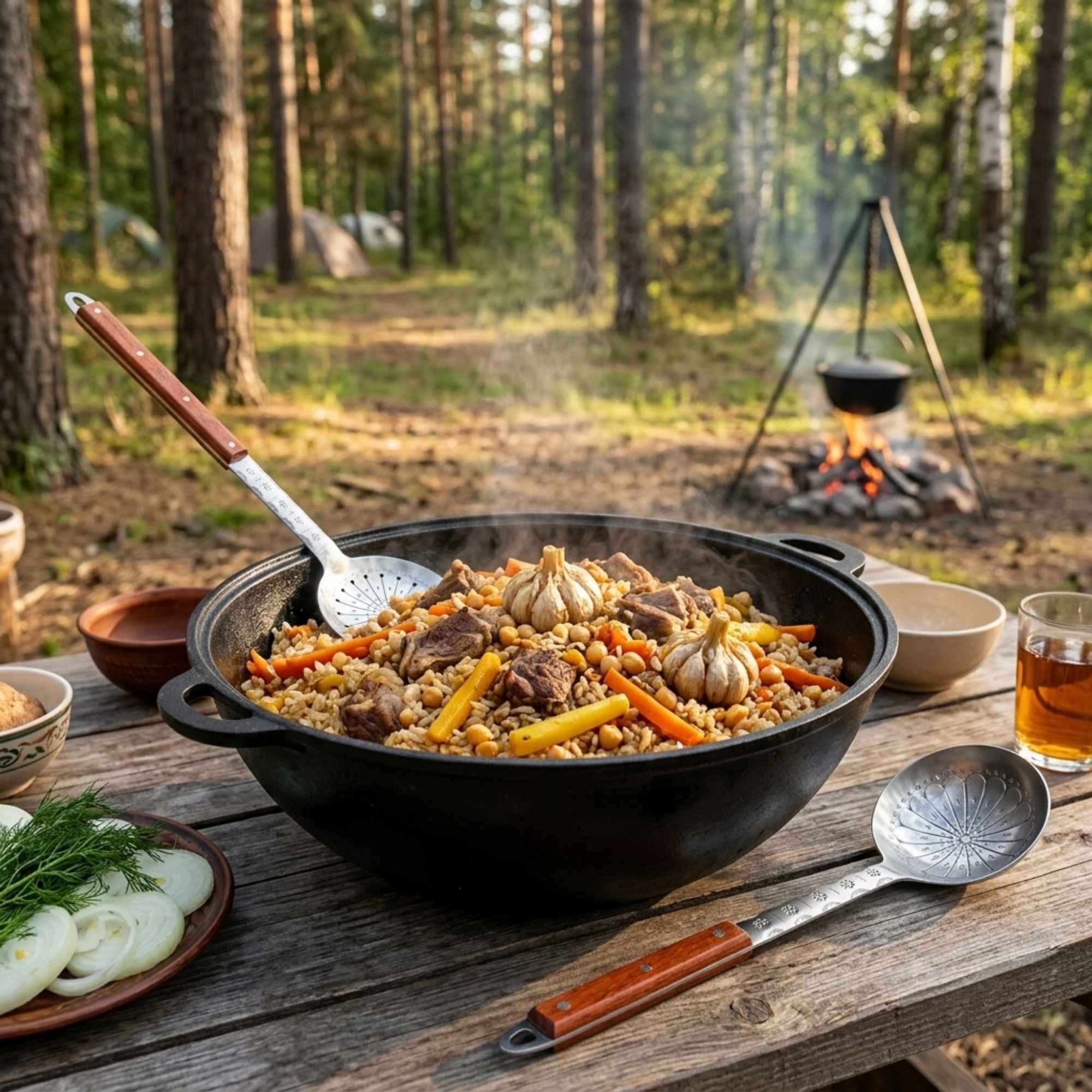 BIG-PAN Kochbesteck-Set 3er-Set XXL 60 cm Schöpflöffel Suppenkelle Schaumkelle Edelstahl (Edelstahl Holzgriff, 3-tlg., Lange Küchenhelfer Set für Wok Kazan Suppentopf Grill Gastro Küche), Rostfrei Hitzebeständig Profi