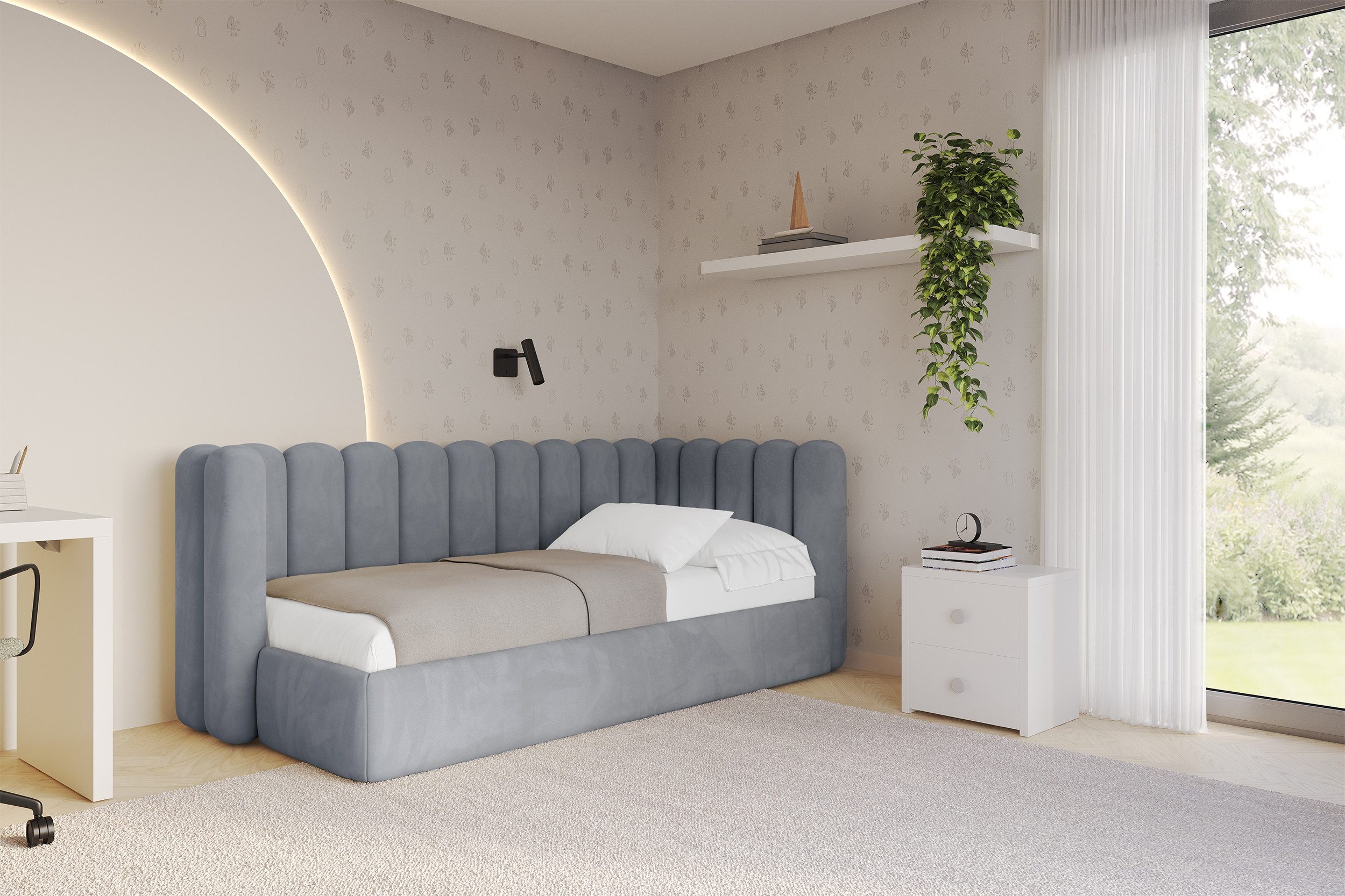 ALTDECOR Jugendbett HUGY (Jugendbett mit Bettkasten und Lattenrost, Polsterbett ohne Matratze), Einzelbett mit Stauraum, Bett mit Kopfteil