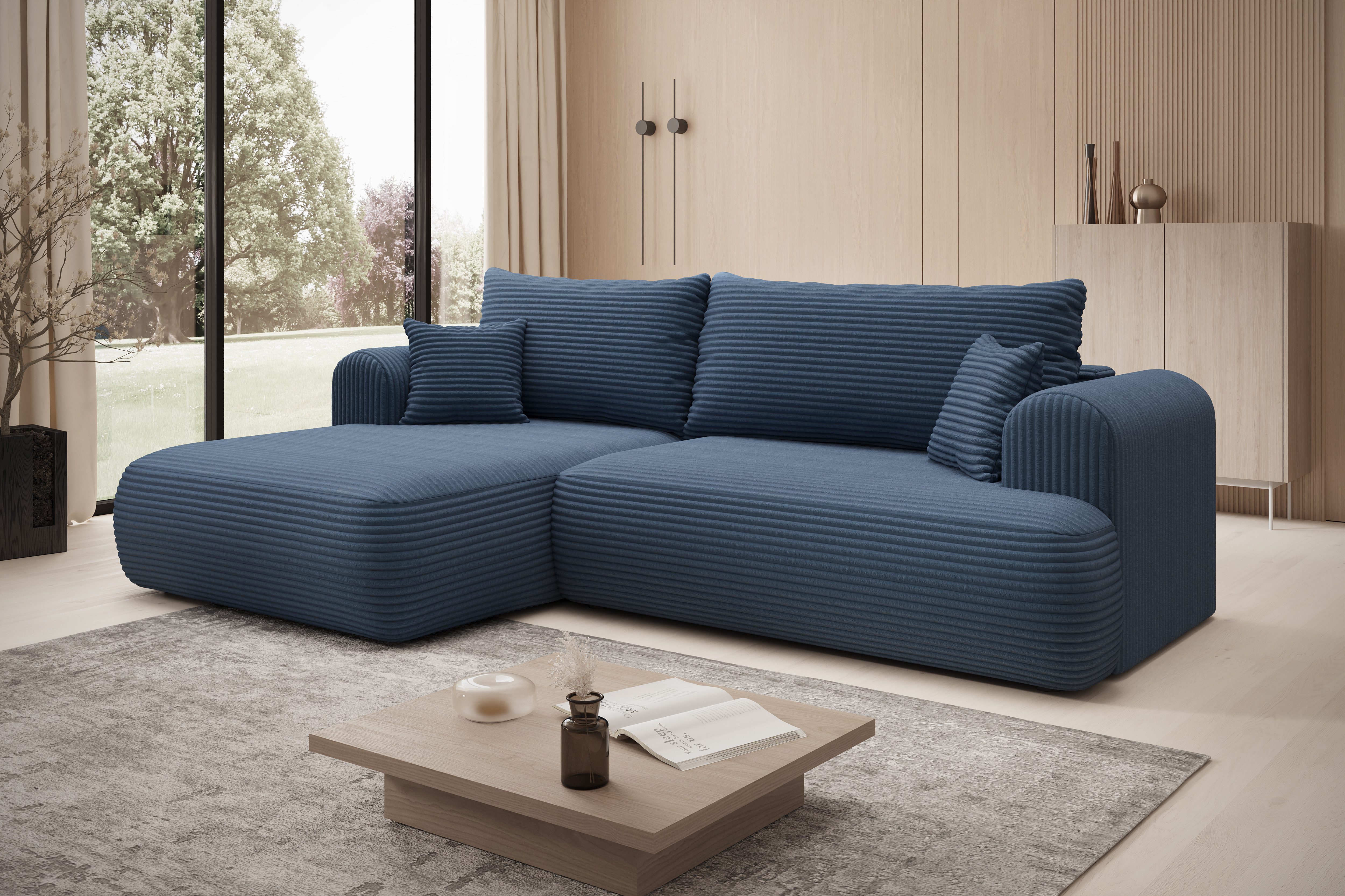 thematys Ecksofa mit Schlaffunktion und Bettkasten, L-Form, Cord und Bouclé + 2 Kissen, 260 x 165cm - Luxus Couch mit Bettfunktion mit Bonnellfedern
