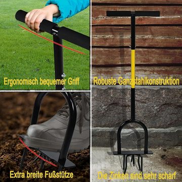 AUFUN Gartenhacke Gartenkralle 3 in 1 Rasenbelüfter mit T-Stiel, Manuelle Vertikutierer