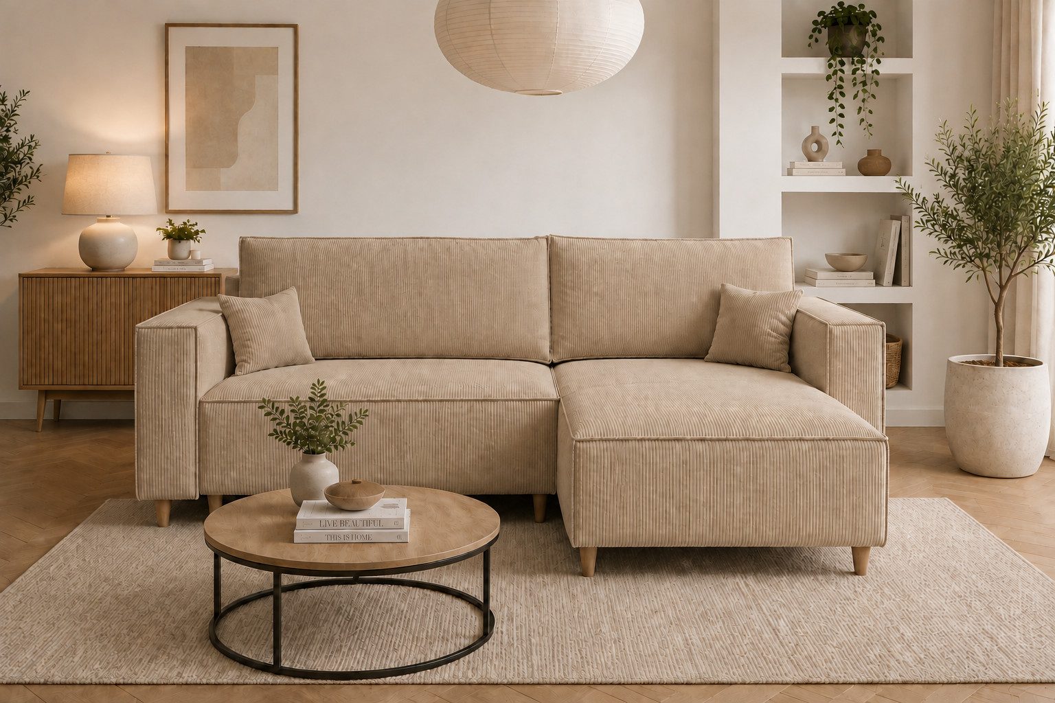 MARPUR Ecksofa RIO aus Cordstoff mit Schlaffunktion und Bettkasten, L-Form Couch, Universal Ottomane, in 7 trendigen Farben wählbar