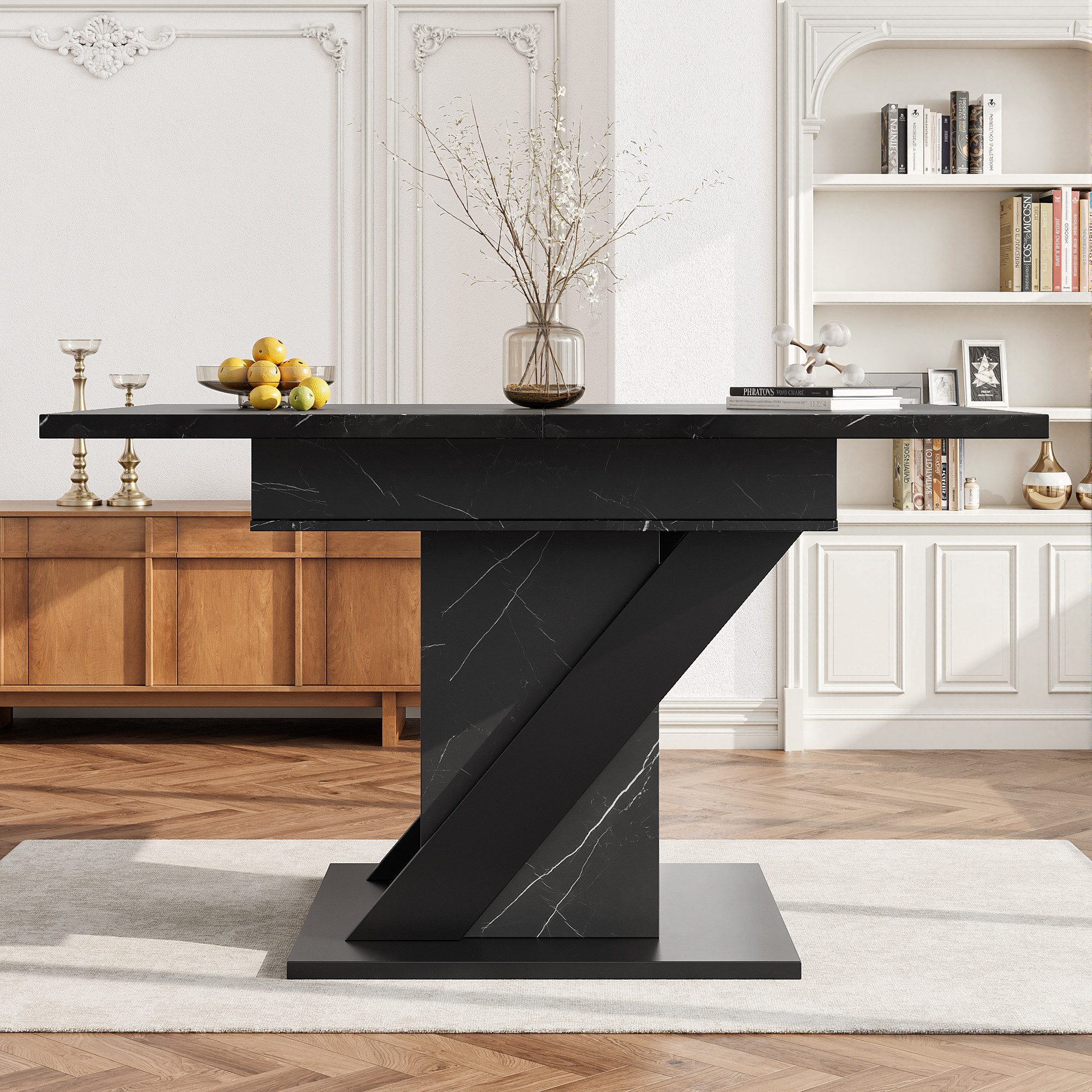 i@home Esstisch ausziehbarer Esstisch, Küchentisch (1 Tisch), Teleskoptisch(110-140×80cm),Esstisch in schwarzer Marmoroptik – Bild 5 von 5