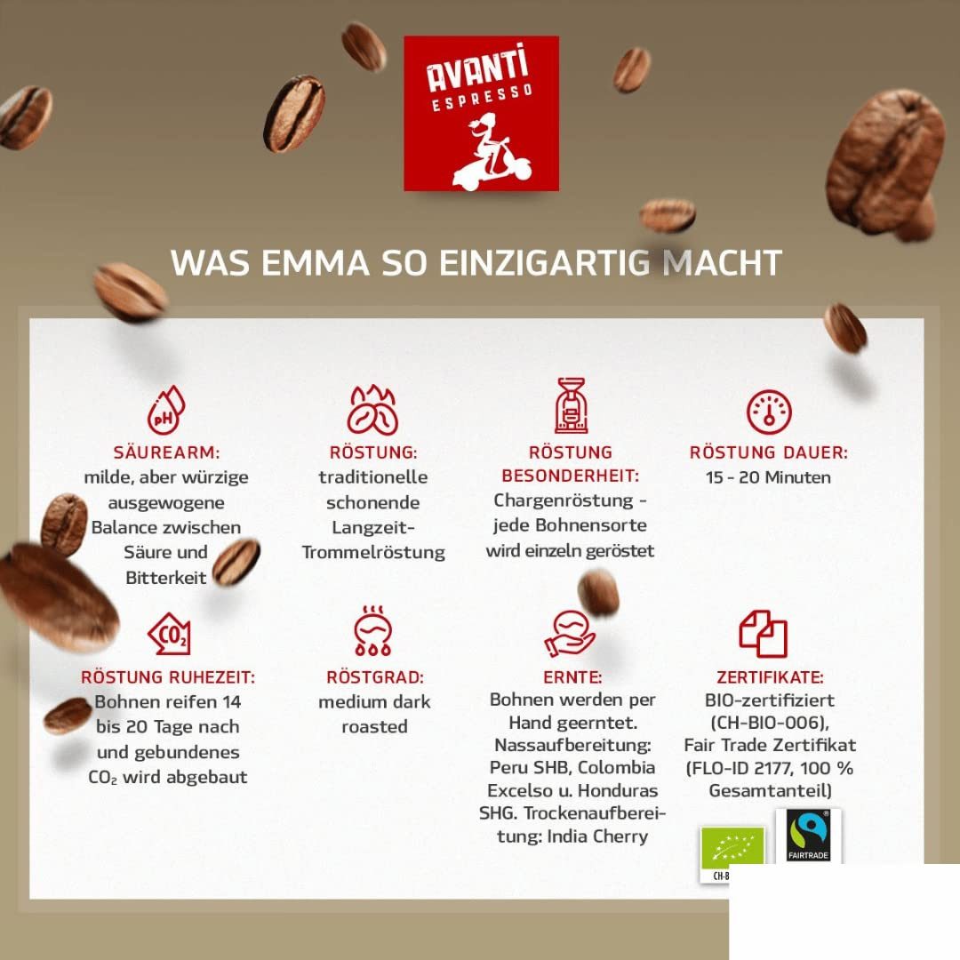 LK Trend & Style Kaffee Avanti Emma in Espresso Bohnen, 1 x 500 g, (ein milder, charaktervollen Espresso, 80% Arabica und 20% Robusta Kaffeebohnen), Schweizer Trommelröstung