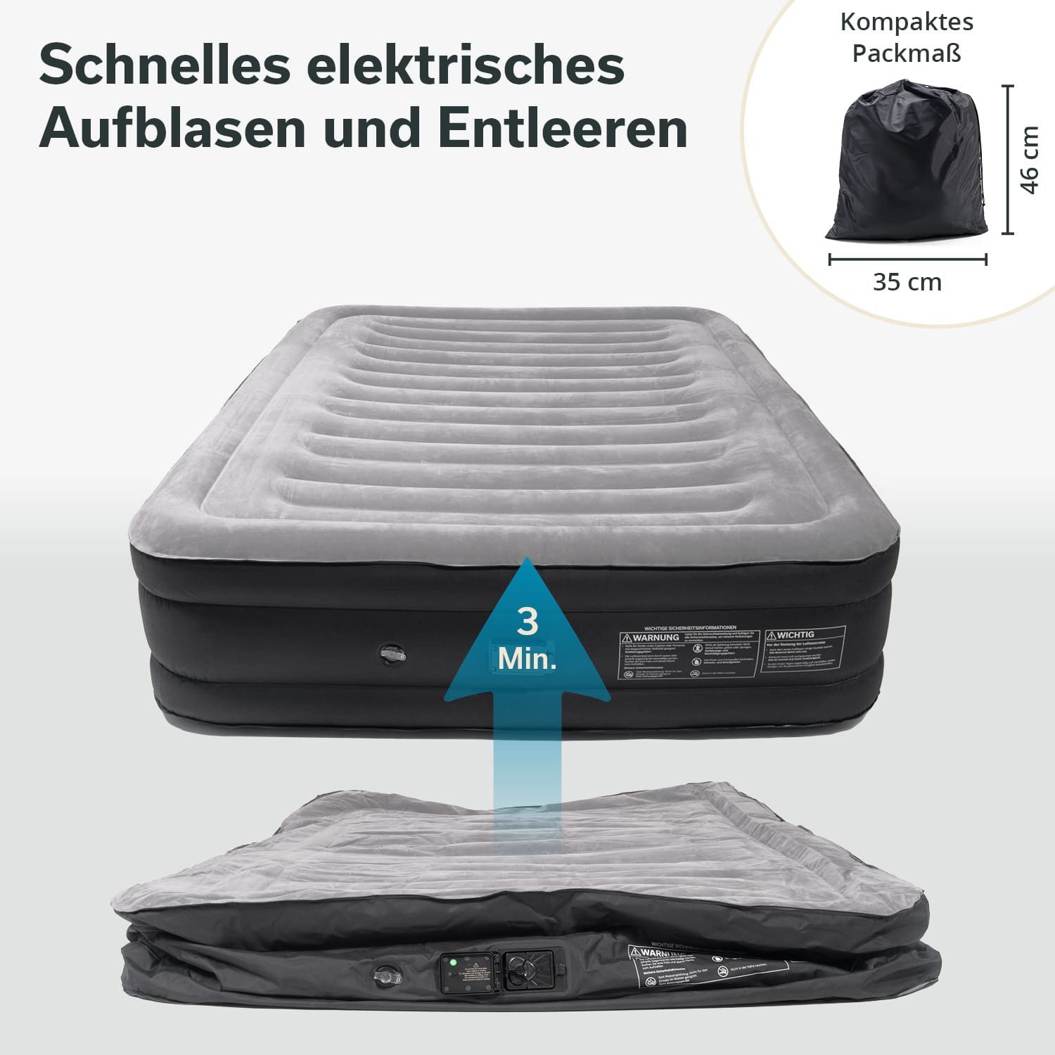 Skandika Luftmatratze Sveja Flex / Plus / Premium, selbstaufblasend mit Pumpe, (Unterseite rutschhemmend, Oberseite: Soft-Touch, beflockt), 300 belastbar, Tragetasche, Kabelfach, Luftkammersystem 6 Kammern