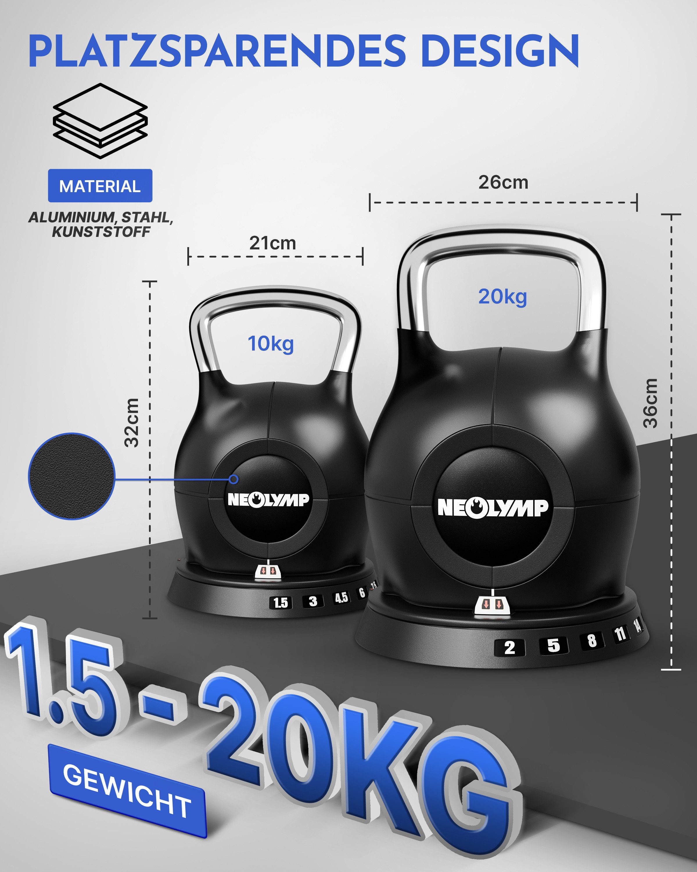 NEOLYMP Kettlebell Kettlebell Set 1,5-20 kg - 7-in-1 Kettlebell verstellbar - Kugelhantel, (Set, 7-in-1 Kettlebell verstellbar mit robustem Edelstahl-Handgriff), 1x 10kg & 1x 20kg Kettlebell
