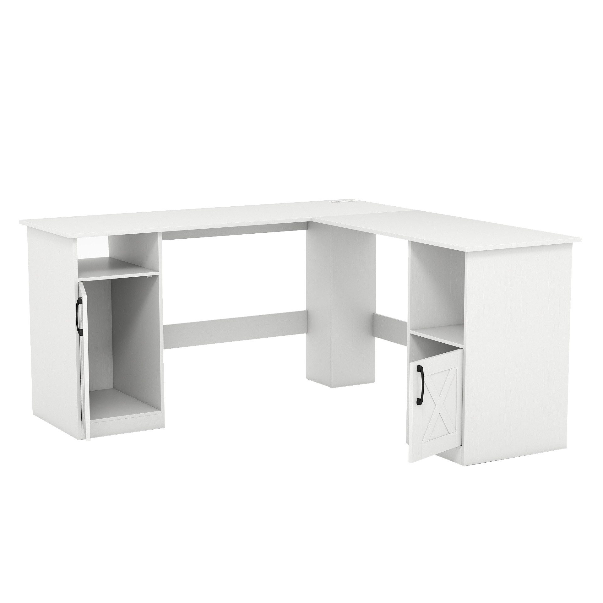 COSTWAY Eckschreibtisch, L-förmige, mit 2 Schränke, Ladestation & 4 offene Regale