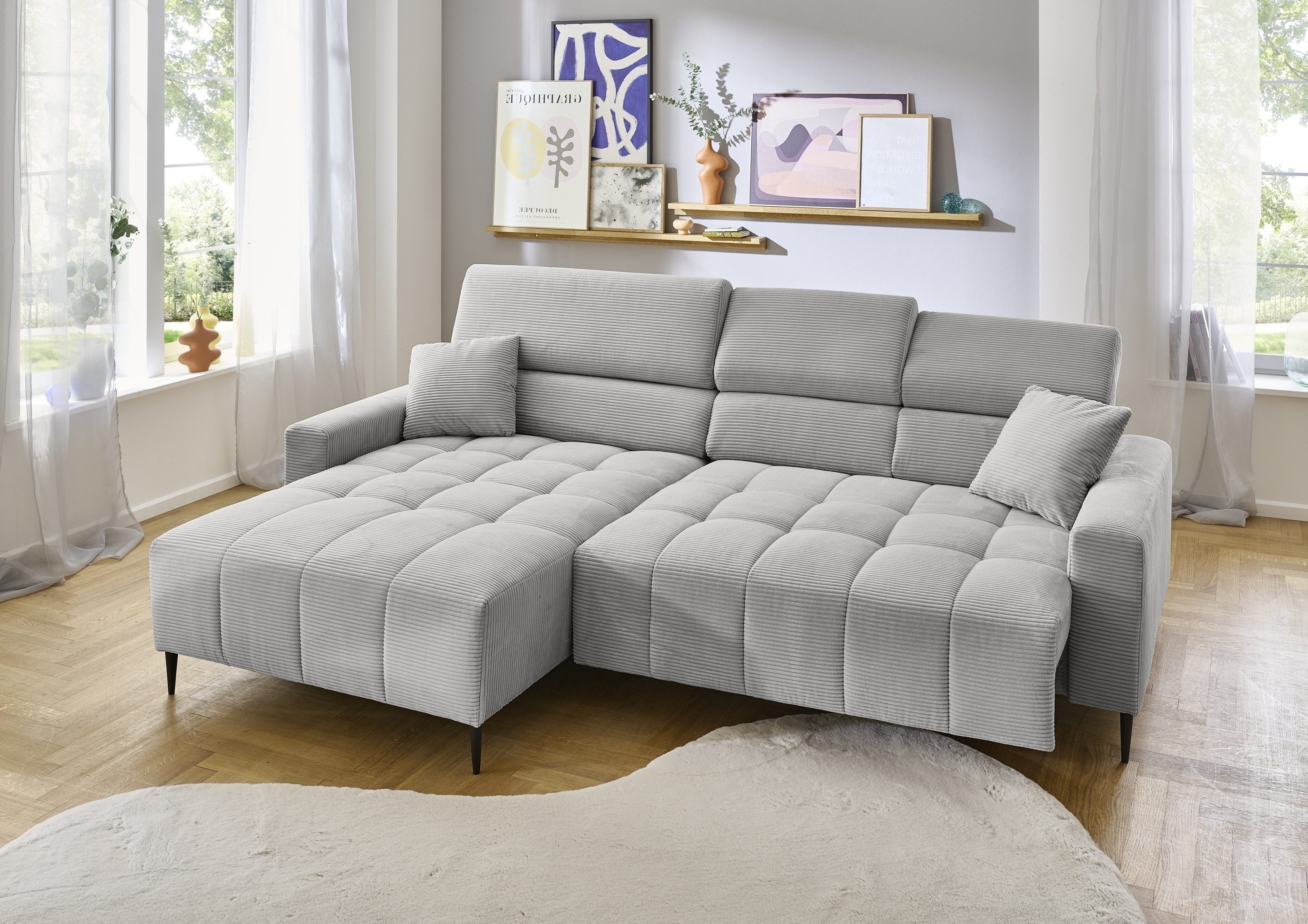 Iwaniccy Wohnlandschaft elektr. Sitztiefenverstellung, Cord silbergrau - 256x100x180cm (BxHxT)