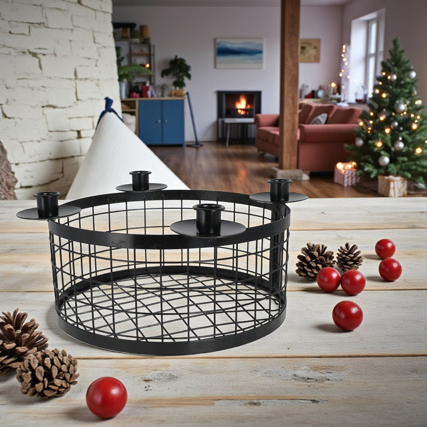 Macosa Home Adventskranz Korb Schwarz Metall 20cm od. 35 cm modern, elegantes Adventsgesteck 4 Kerzenhalter