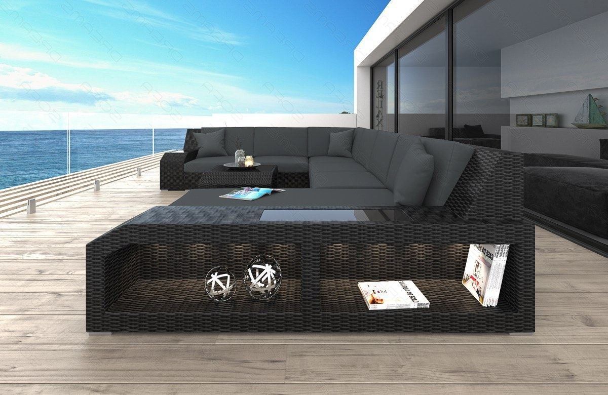 Sofa Dreams Gartenlounge-Set Rattan Couch Matera XXL Grau 6-Sitzer Ottomane LED, U Form Loungesofa