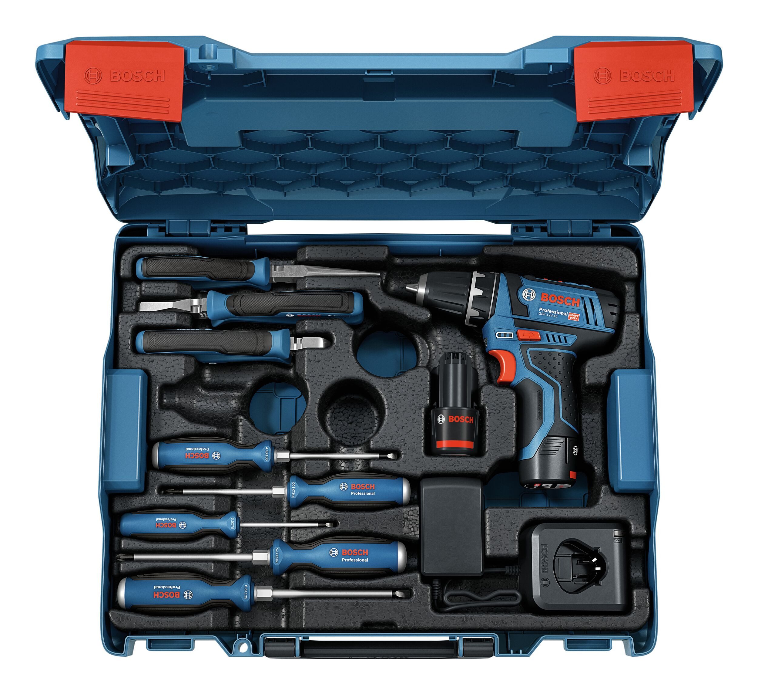 BOSCH Akku-Bohrschrauber GSR 12V-15, 12 V, Mit 2x Akku 2 Ah & Handwerkzeuge - im Karton