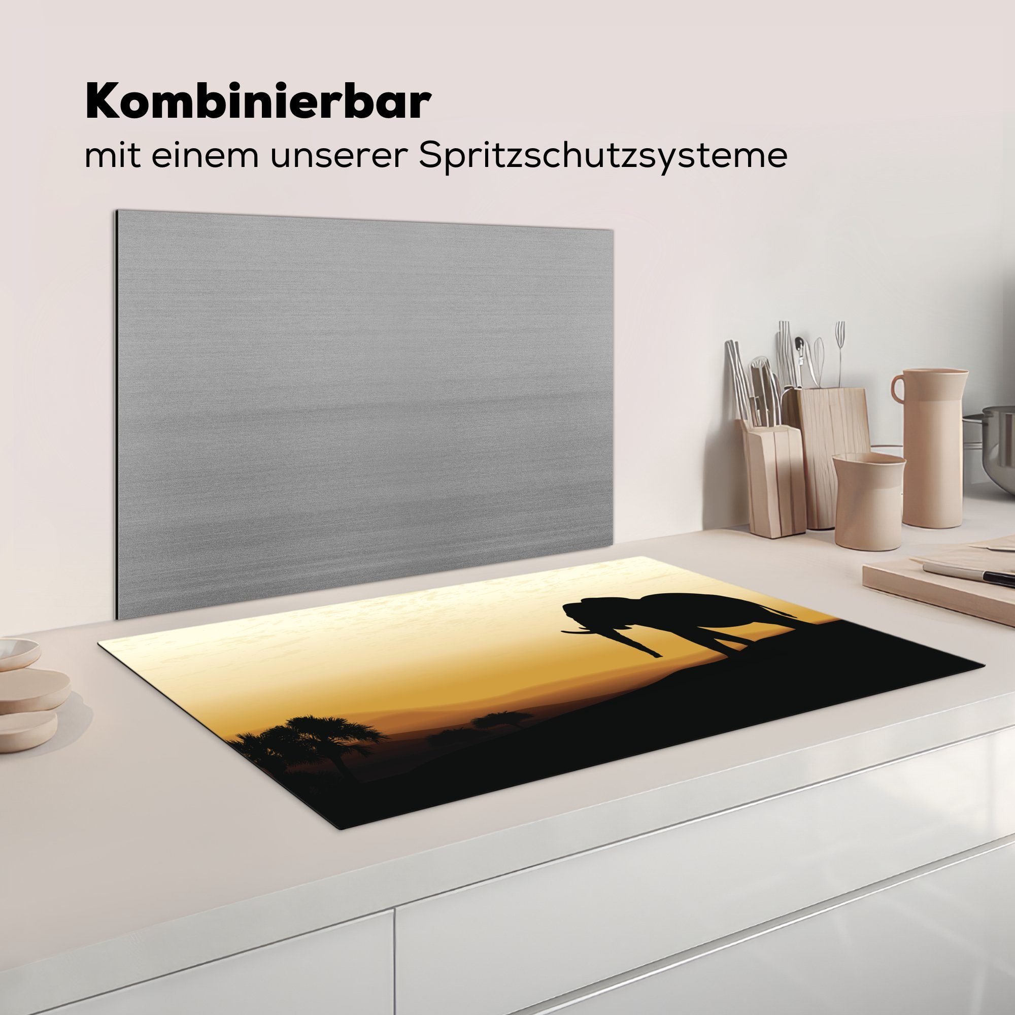 für Vinyl, Herdblende-/Abdeckplatte eines Sonnenuntergang, cm, küche 83x51 (1 bei Eine Illustration Elefanten Ceranfeldabdeckung, tlg), Arbeitsplatte MuchoWow afrikanischen