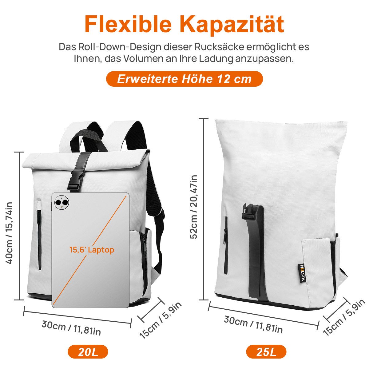 NULSTA Rucksack Rolltop Rucksack Wasserdicht Damen & Herren Daypack Freizeitrucksack, 30*15*40cm,Cityrucksack,Tourenrucksack,Schulrucksack