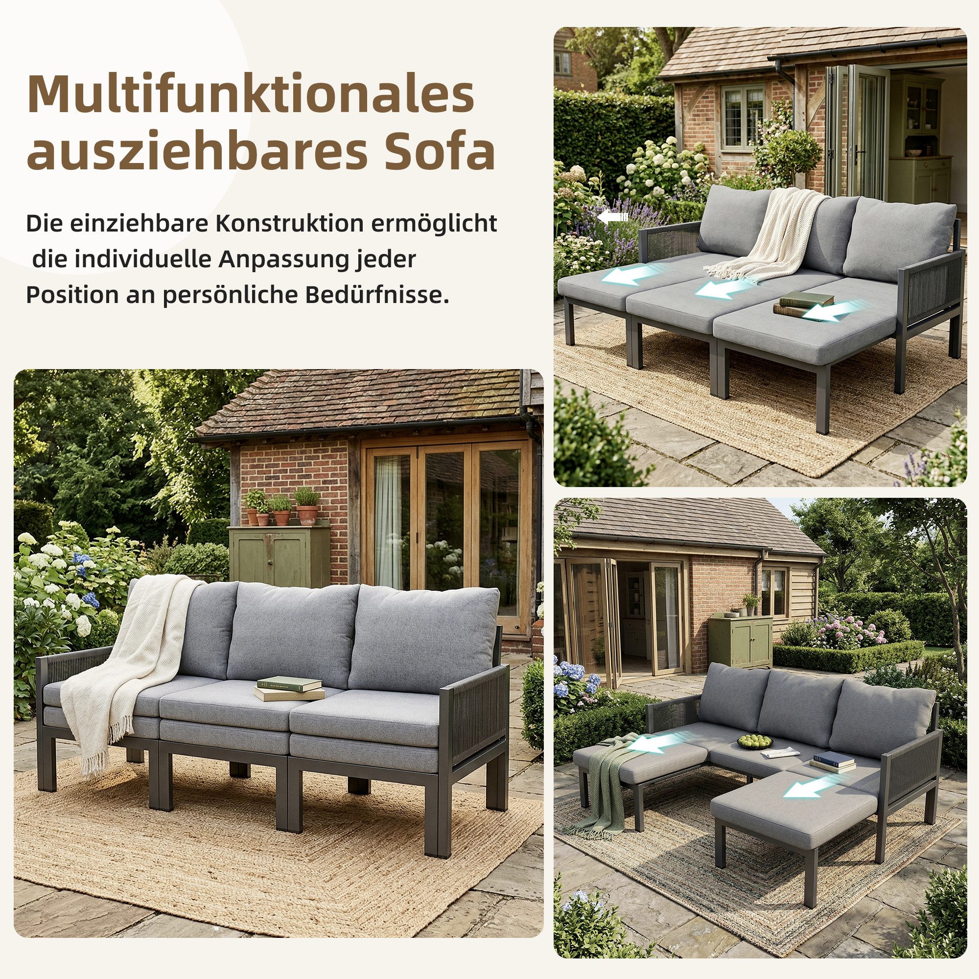 i@home Gartensofa Outdoorsofa, 3-Sitzer-Sofa, Multifunktionales Sofa, lässt sich in einen Liegesessel verwandeln