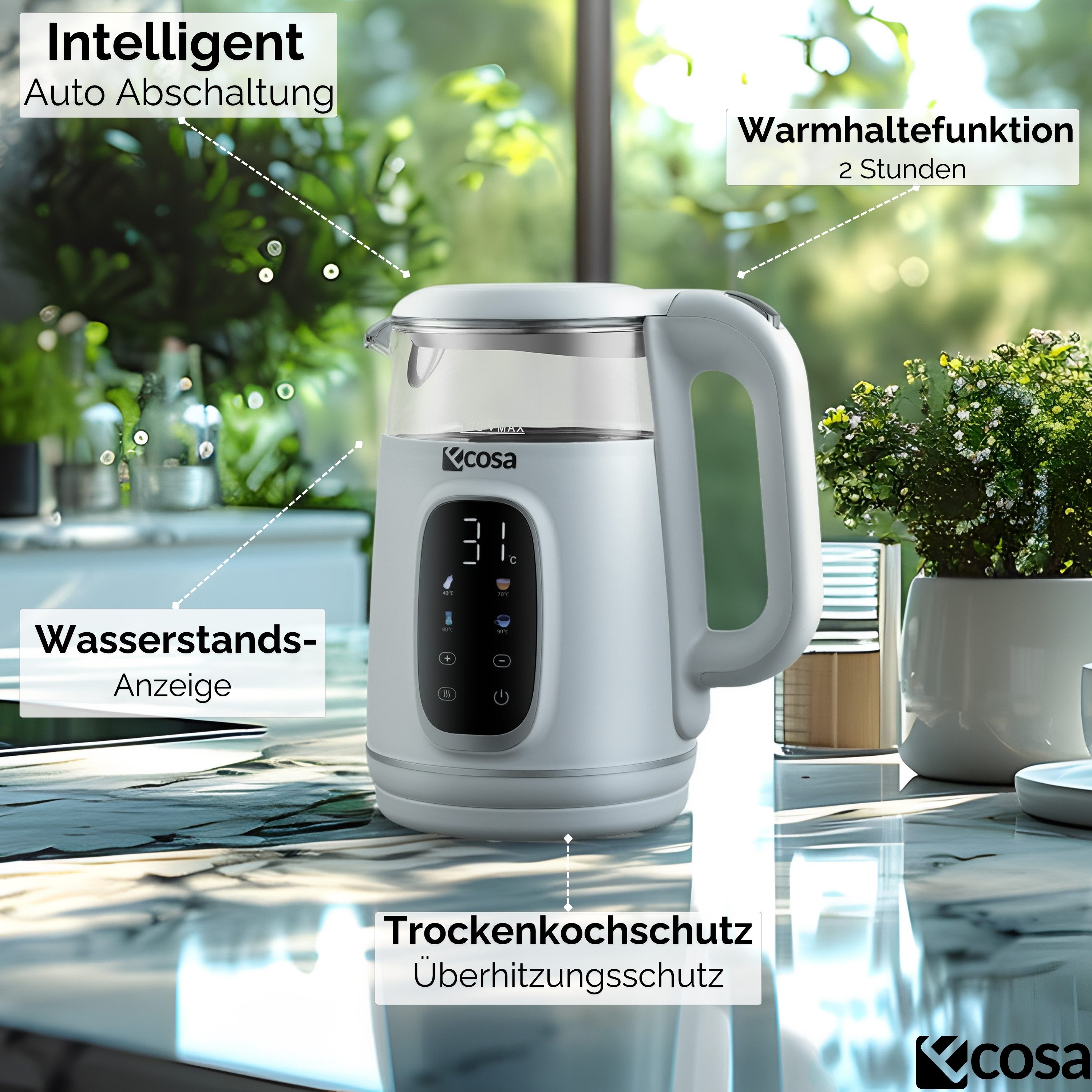 ecosa Wasserkocher EO-698, 1.7 l, 2200 W, Kalkfilter im Deckel integriert