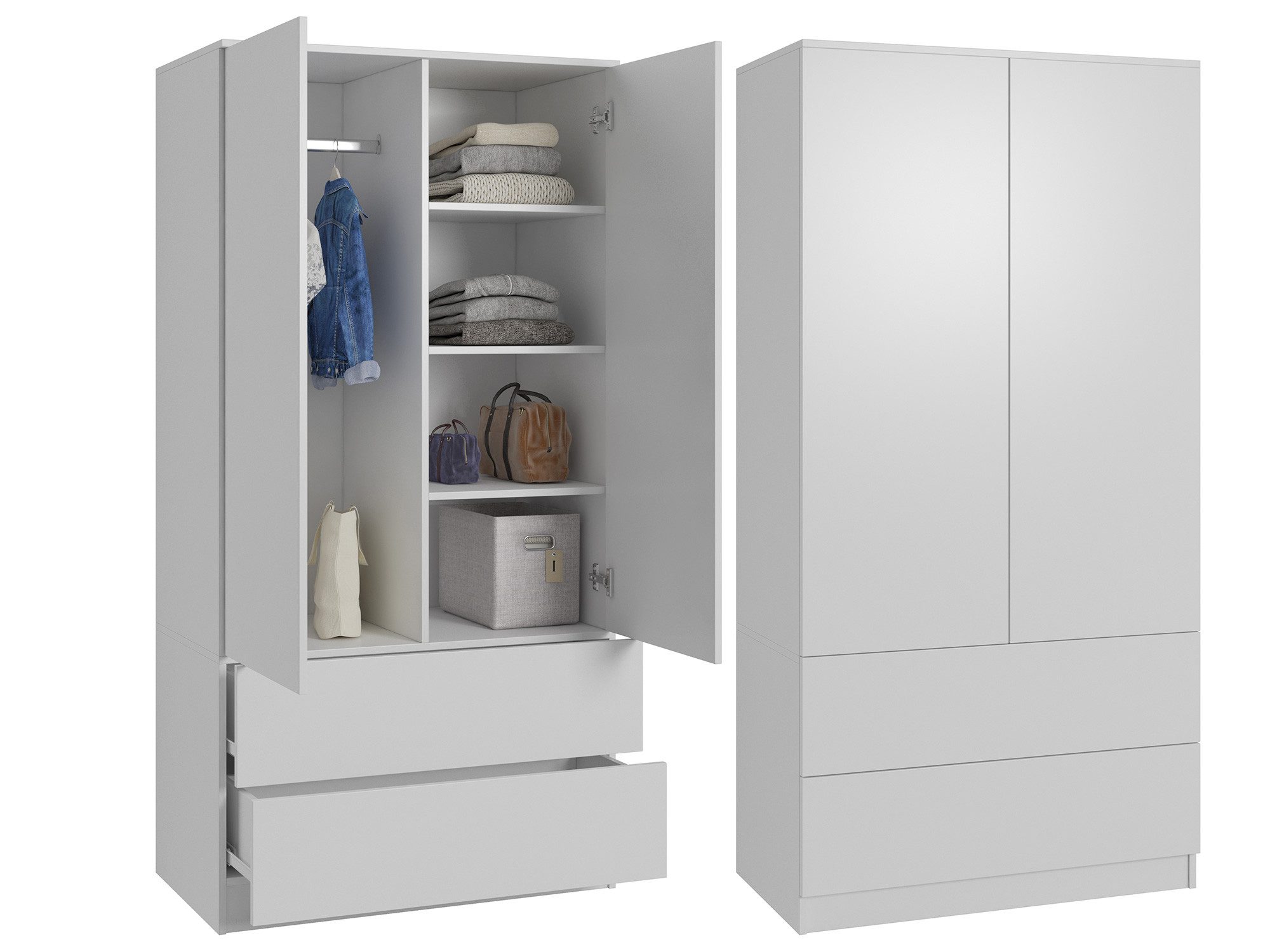 Beautysofa Kleiderschrank CLASSIC 90 cm 2-türig, grifflos (mit Kleiderstange und mehreren Einlegeböden, Zwei moderne Farbvarianten: Weiß …