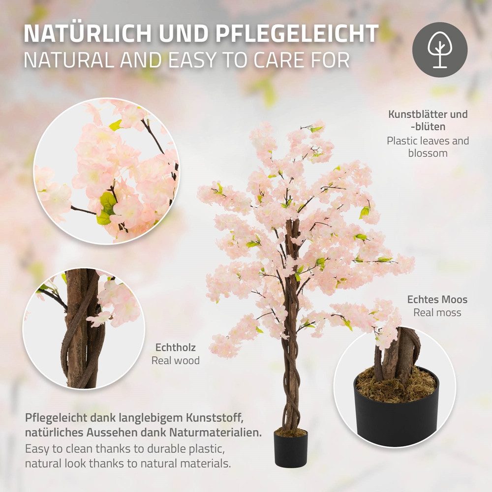 Kunstpflanze Künstliche Pflanze für Wohnräume & Garten dekorative Zimmerpflanze, ML-DESIGN, Höhe 120 cm, Kunstbaum Kirschbaum 120 cm für Innen Außen mit Naturholzstamm im Topf