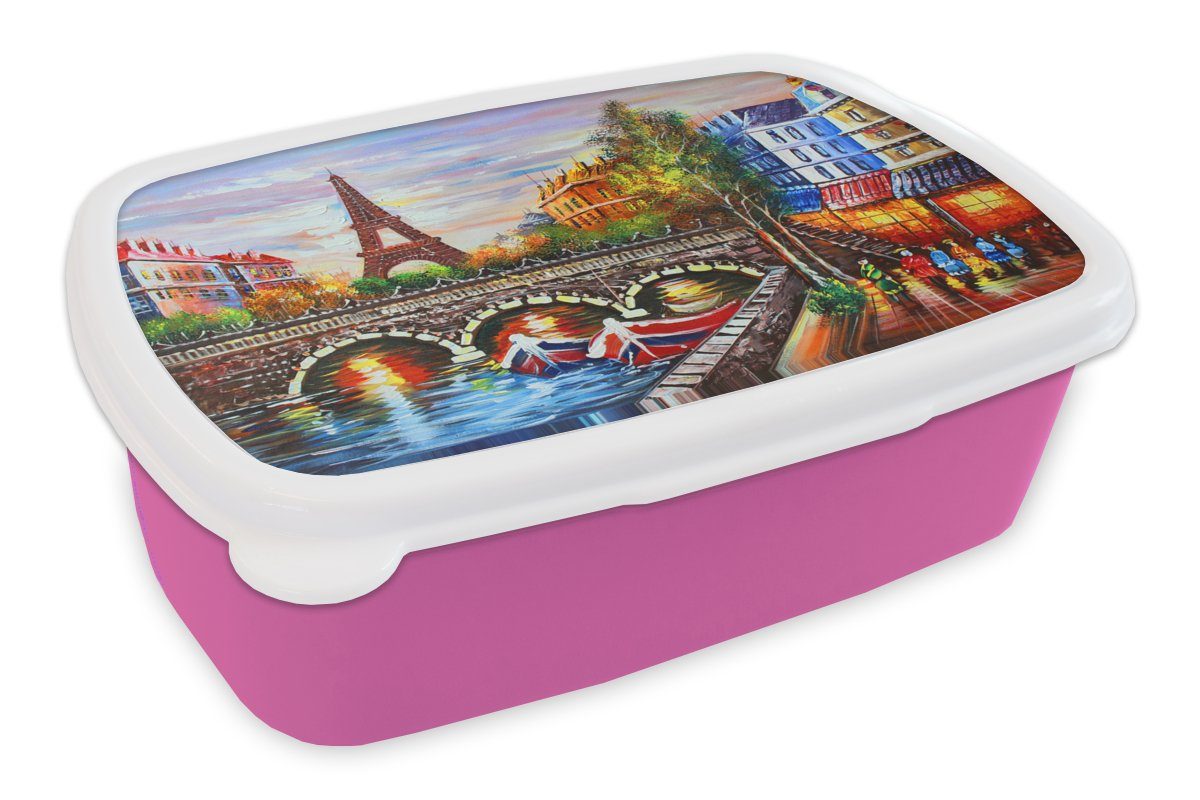 MuchoWow Lunchbox Gemälde - Öl - Eiffelturm - Paris - Wasser, Kunststoff, (2-tlg), Brotbox für Erwachsene, Brotdose Kinder, Snackbox, Mädchen, Kunststoff rosa