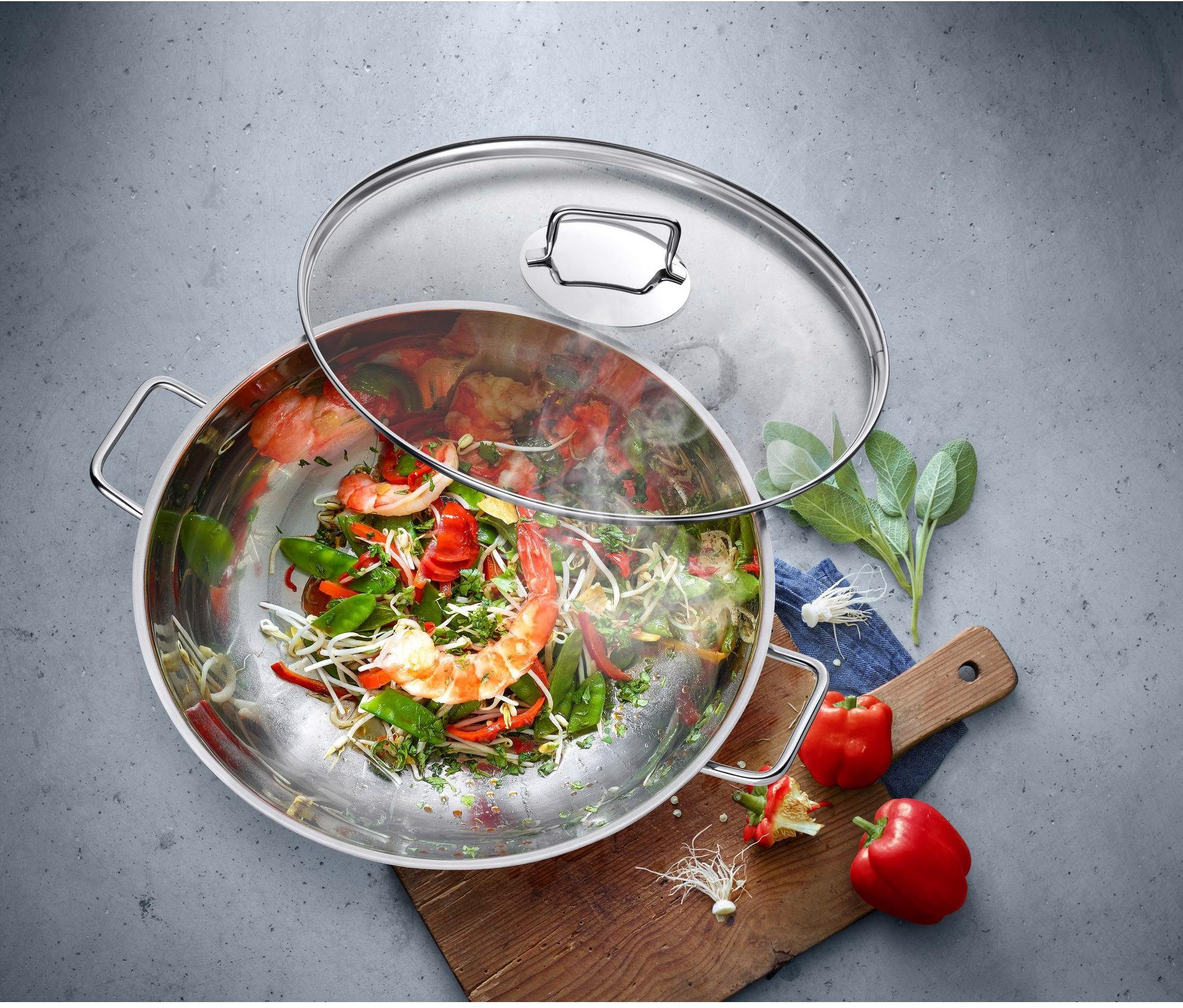 WMF Wok Macao, Ø 36 cm, Wokpfanne mit Glasdeckel, induktionsgeeignet, Cromargan® Edelstahl Rostfrei 18/10, für alle gängigen Herdarten geeignet, spülmaschinengeeignet
