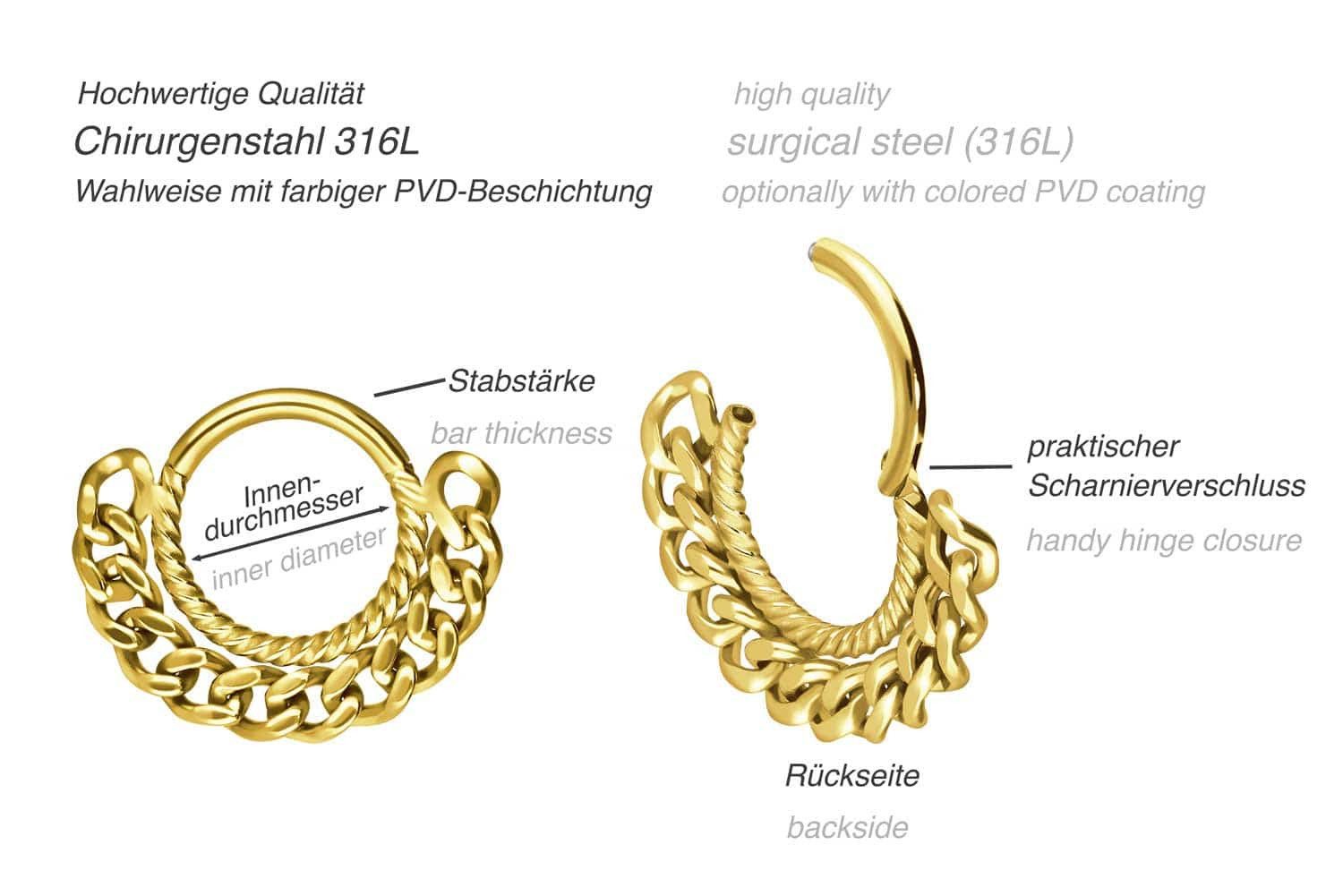 PIERCINGLINE Nasenpiercing Chirurgenstahl Segmentring Clicker GEDREHT + PANZERKETTE Ohrpiercing (Clicker, 1-tlg), Ohrpiercing für Conch, Helix, Tragus, Daith, Lobe