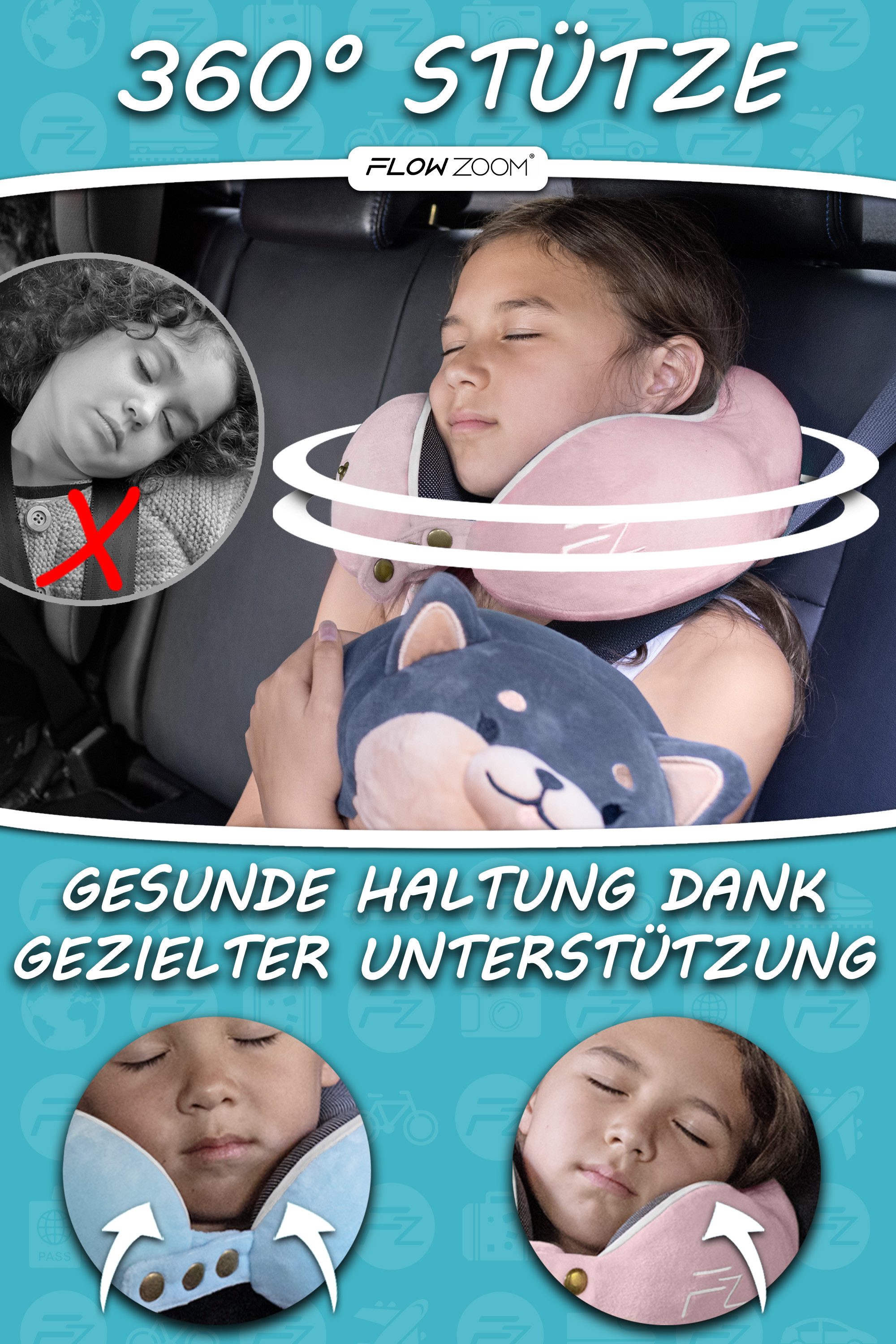 FLOWZOOM Nackenhörnchen COMFY KIDS Nackenkissen Kinder – Reisekissen Memory-Schaum, Kinder-Reisekissen Memory-Foam - Nackenhörnchen Kinder