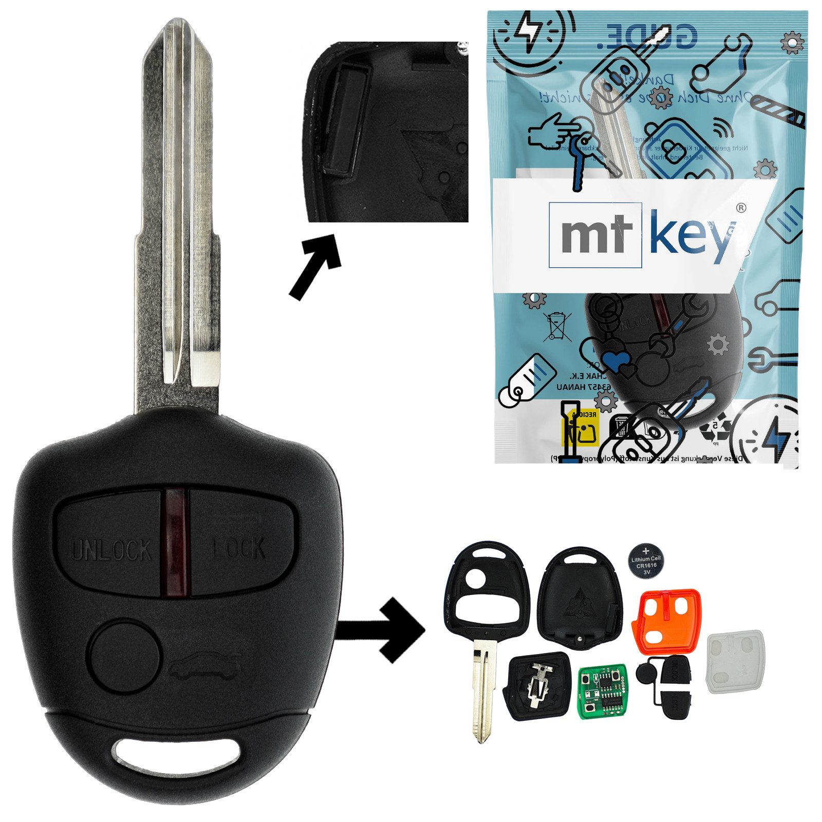 mt-key Schlüsseltasche Auto Funk Schlüssel 434MHZ Fernbedienung MIT11 (Set), für Mitsubishi Grandis (04-12); Lancer VIII CY (07-17); Outlander ...