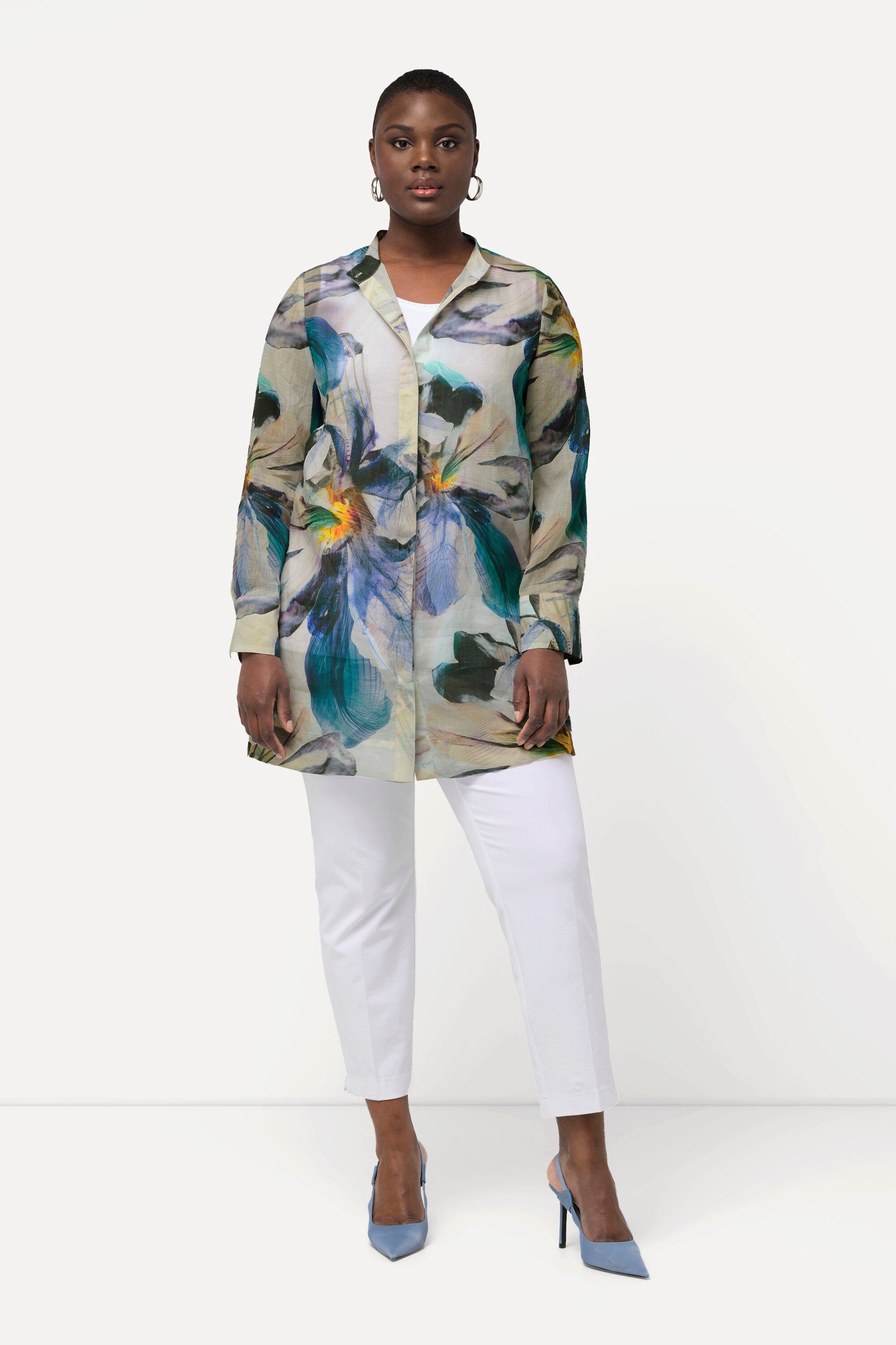 Satinbluse Ramie-Bluse Blüten Stehkragen Langarm