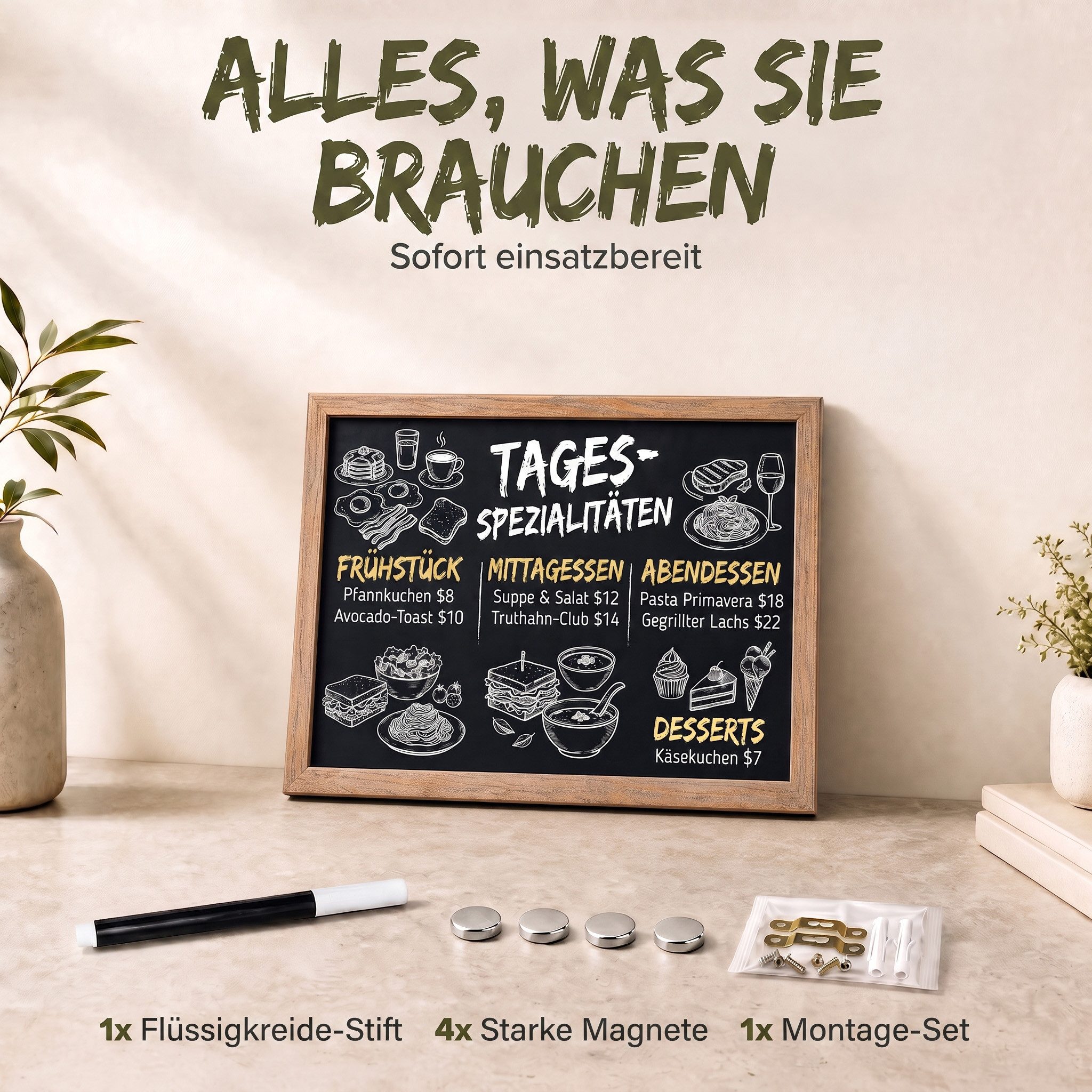 Goods+Gadgets Magnettafel Magnettafel Kreidetafel – Holzrahmen Magnet Board für Küche & Büro, (Magnet-Tafel zum Aufhängen, mit Holz-Rahmen), inkl. Kreidestift & Magnete