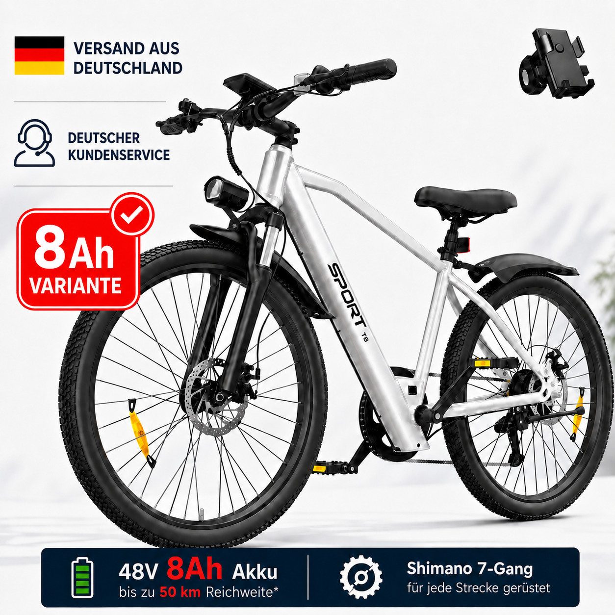 PixelPilot E-Bike Cityrad 26 Zoll Elektrofahrrad 48V 10Ah Akku, Shimano 7-Gang, Abnehmbarer Korb, 7 Gang, Nabenmotor, 468 Wh, (Packung)