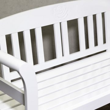 metra-direkt Gartenbank in weiß, Holzbank, 2-Sitzer, ergonomische Sitzfläche, Friesenbank, Akazienholz, PU-Beschichtung, Rosenemblem