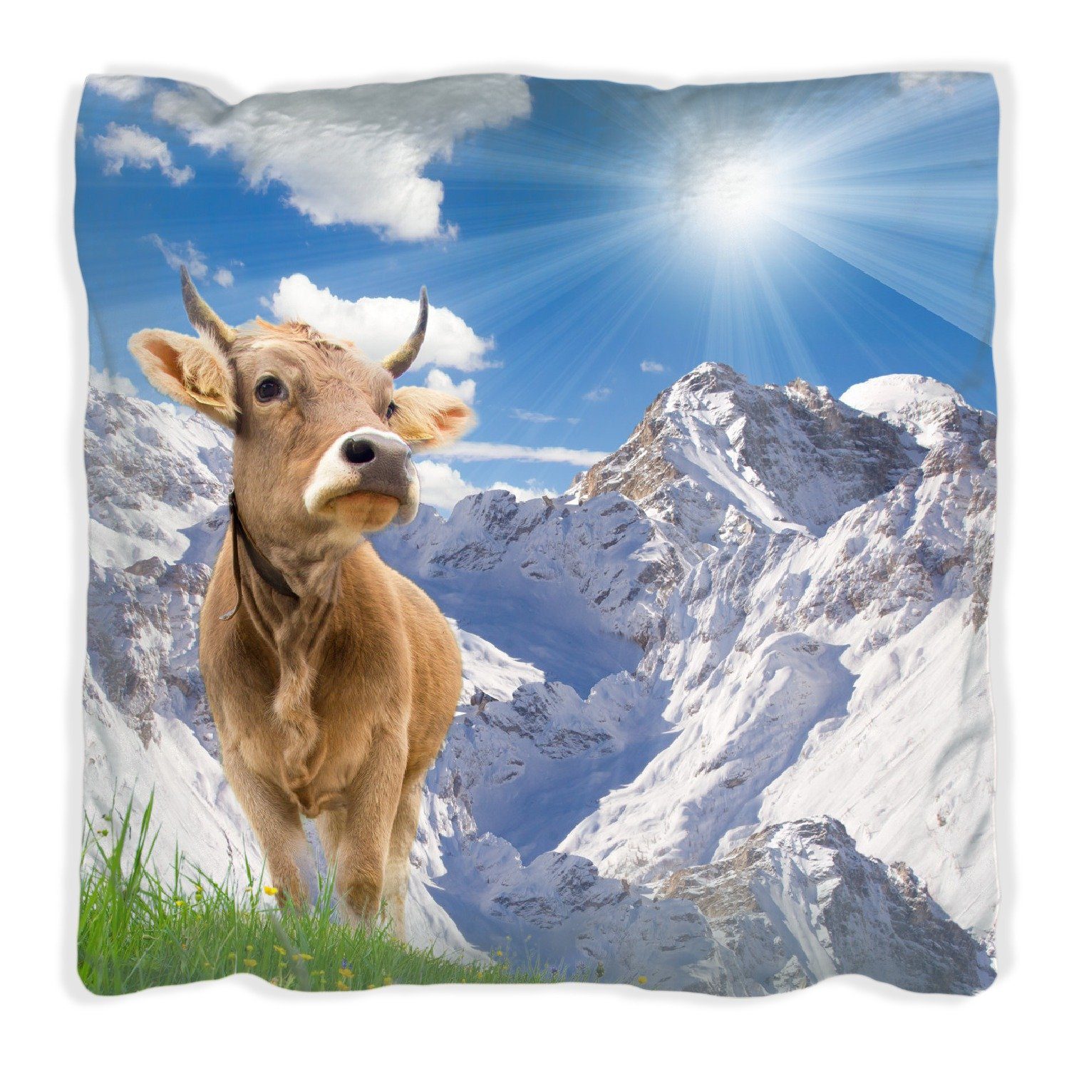 Wallario Dekokissen Kuh im Sonnenschein in den Alpen, handgenäht