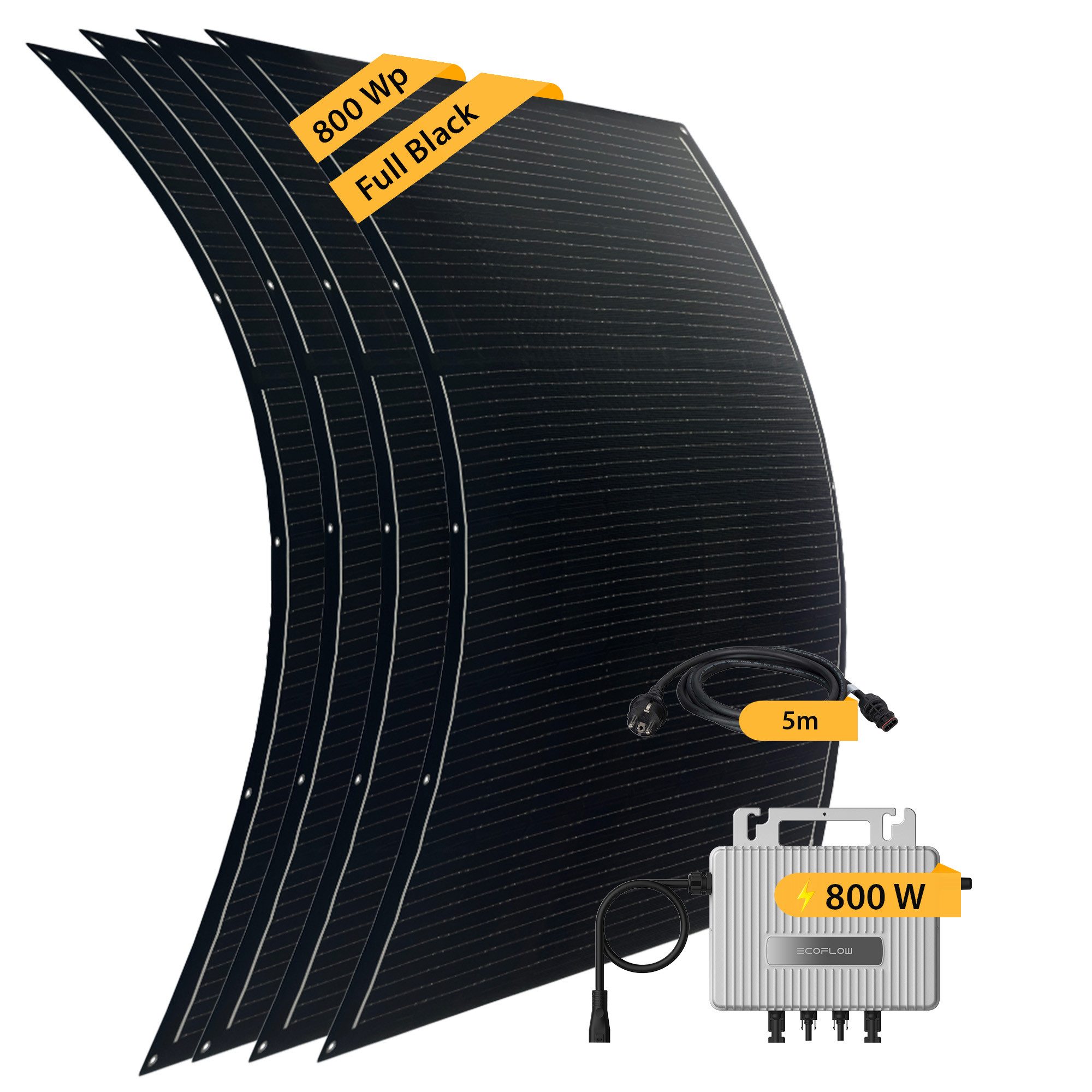 VALE Balkonkraftwerk flexibles Solaranlage Komplettset ultraleicht mit Wechselrichter, 800 W, Monokristallin, (800 Wp (4 x 200W) flexible Сонячні панелі, Ecoflow Wechselrichter), Full-Black, Solarpanel Set, Flex-PV, Photovoltaik Set, App