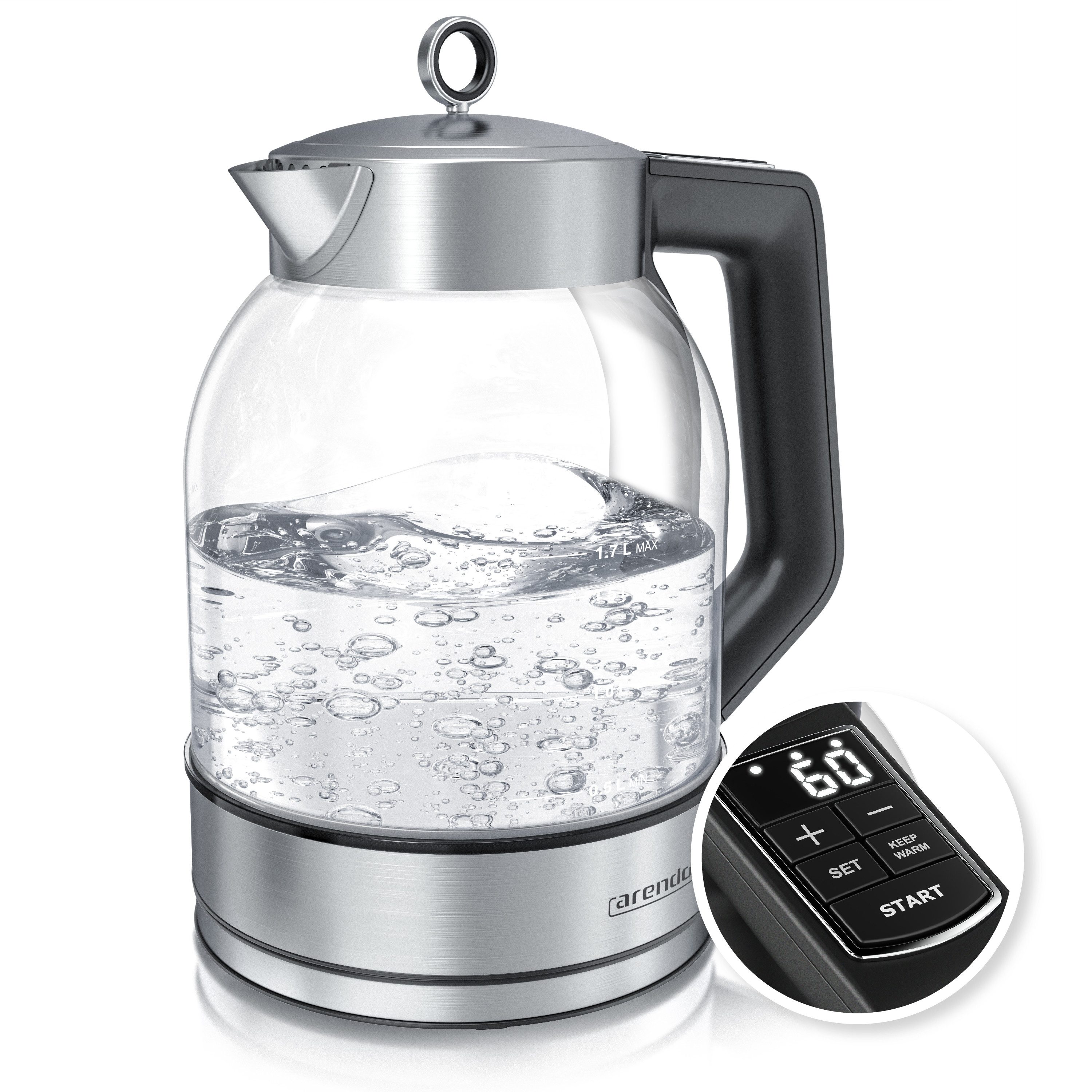 Arendo Wasserkocher Glas & Edelstahl, Temperatureinstellung, Warmhaltefunktion, Teekocher, 1,7 l, 2200 W, Temperaturwahl 40° C - 100° C in 5°C-Schritten, Temperaturanzeige