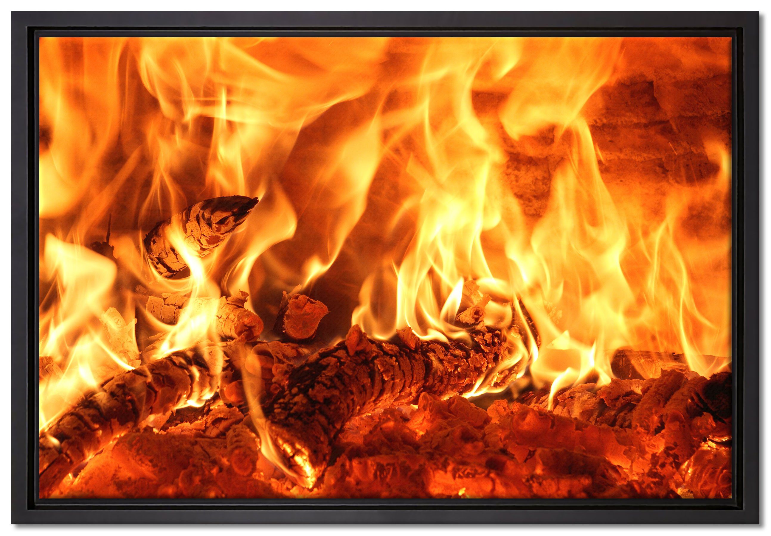 Pixxprint Leinwandbild Gemütliches Holz im Feuer, Wanddekoration (1 St), Leinwandbild fertig bespannt, in einem Schattenfugen-Bilderrahmen gefasst, inkl. Zackenaufhänger