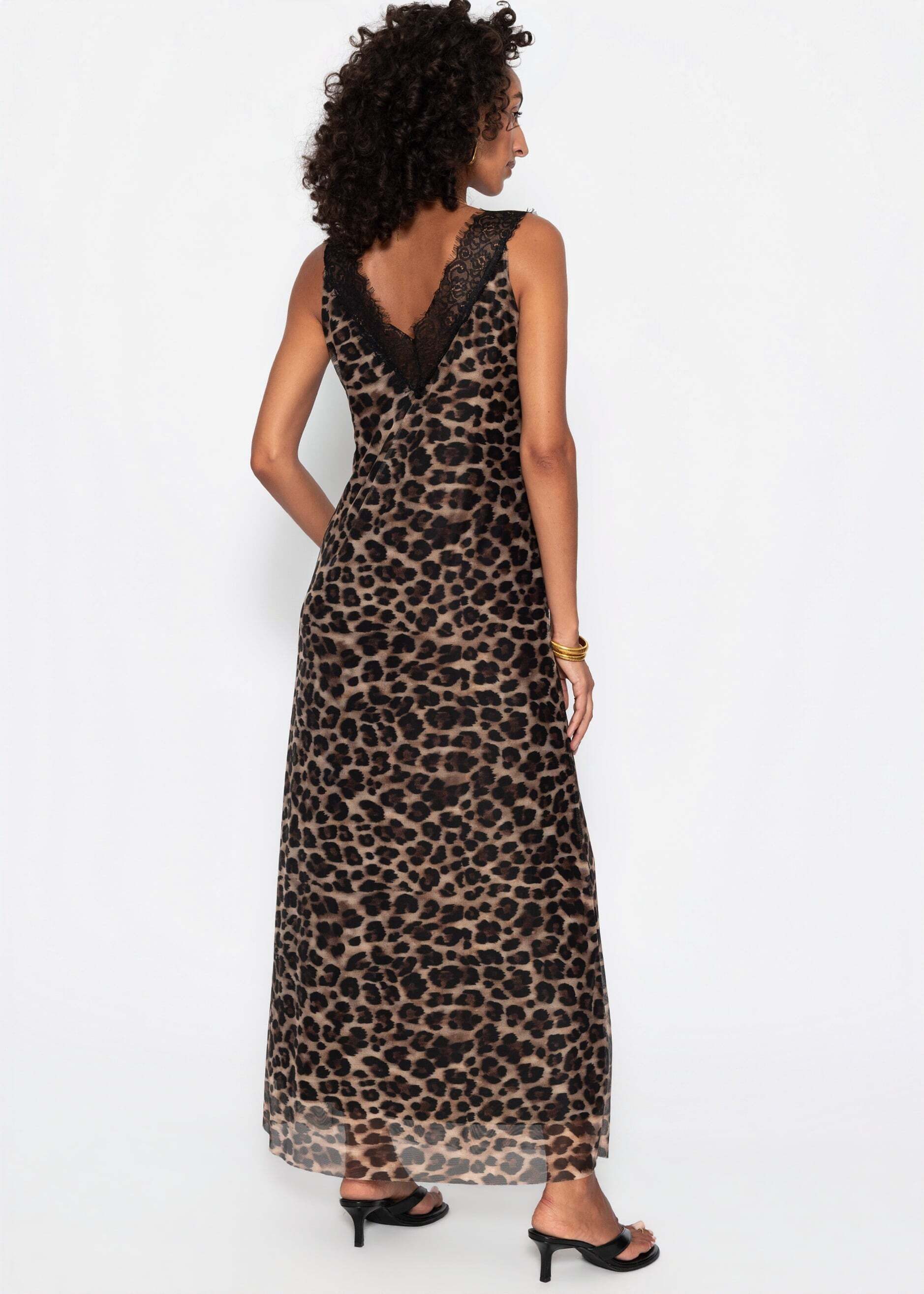 SASSYCLASSY Maxikleid Langes Mesh-Kleid mit Leo-Print für Damen Ärmelloses Maxikleid mit V-Ausschnitt und breiten Spitzenkanten Braun – Bild 5 von 5