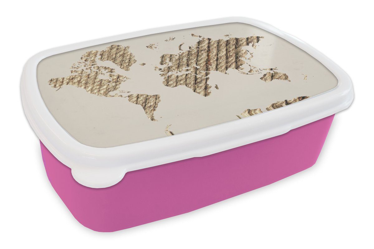 MuchoWow Lunchbox Weltkarte - Seil - Braun, Kunststoff, (2-tlg), Brotbox für Erwachsene, Brotdose Kinder, Snackbox, Mädchen, Kunststoff rosa