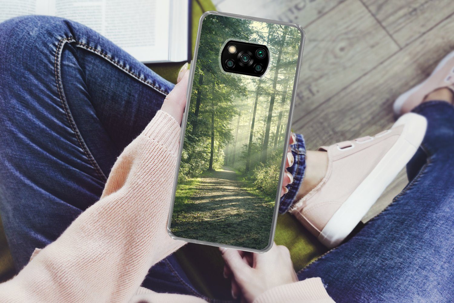 MuchoWow Handyhülle für Xiaomi Poco X3 Pro Wald - Weg - Sonne - Bäume - Grün - Natur, Phone Case, Silikon, Schutzhülle Dünn