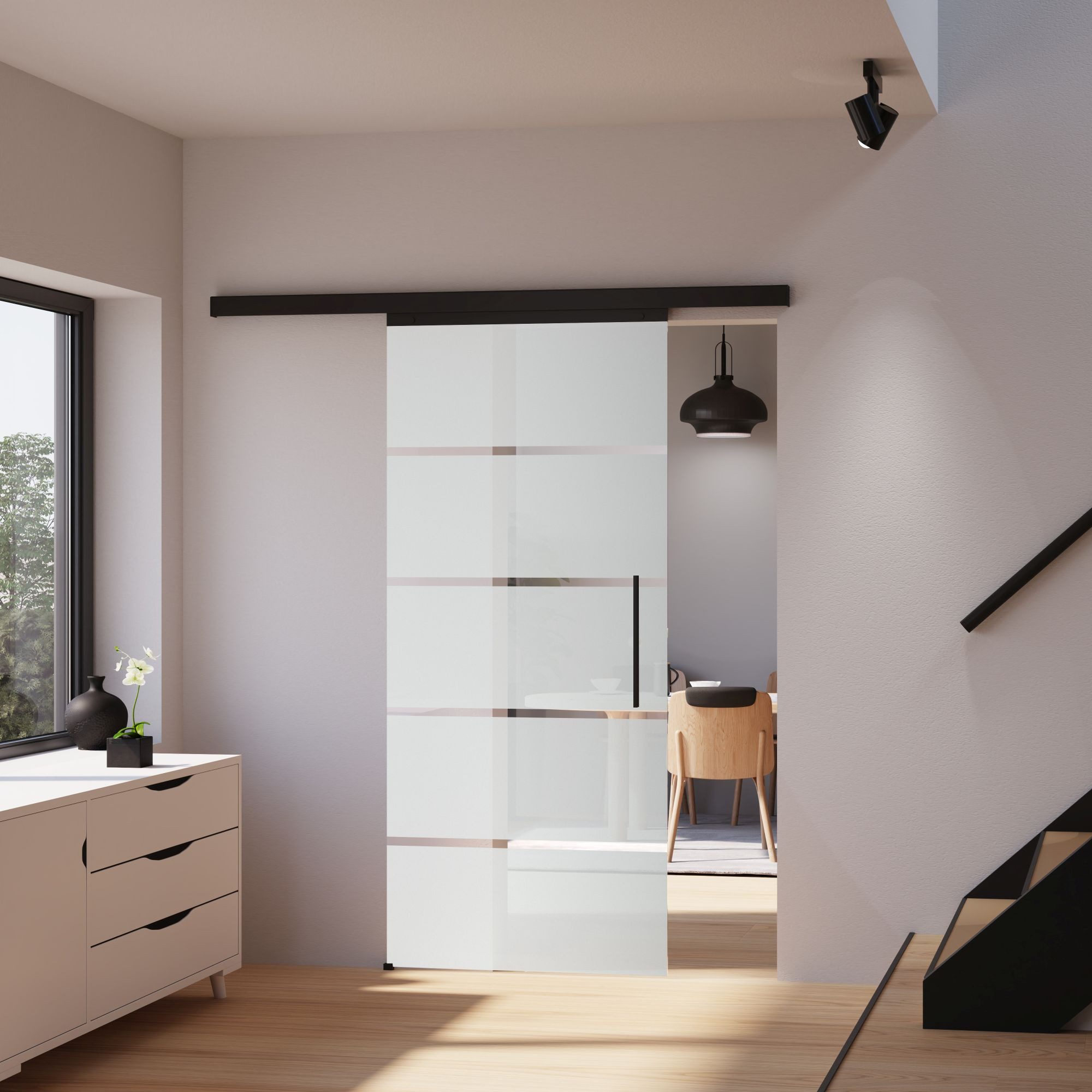 inova wohnen Glasschiebetür Blockstreifen 90 x 203,5 cm, Komplett Set mit Schienensystem schwarz und Softclose