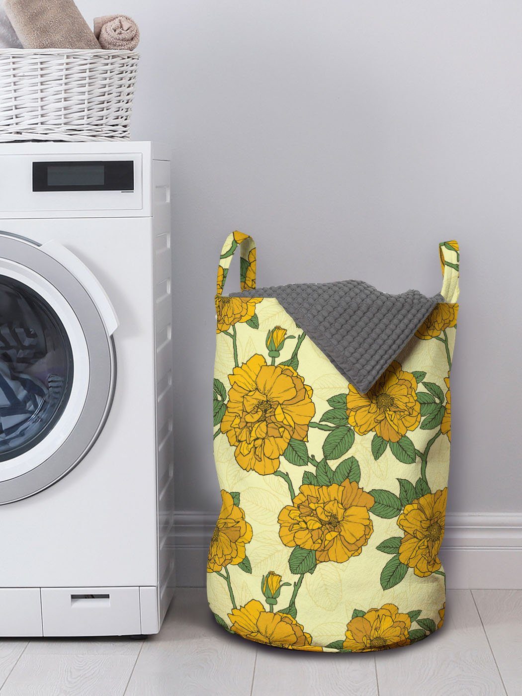 Wäschekorb grafische mit Waschsalons, für Blumen Kordelzugverschluss Griffen Blumenweinlese Abakuhaus Wäschesäckchen