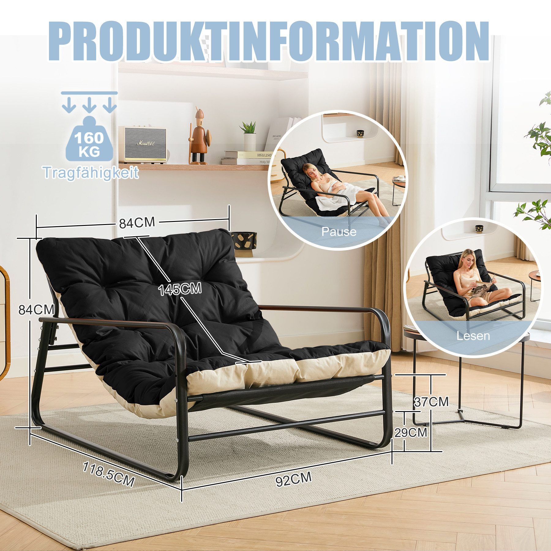 HomeMiYN Loungesessel Loungesessel Sessel Wohnzimmer Gartenliege mit Wendekissen (2er set,bestehend aus sessel mit Gepolsterten Kissen), für kinder,2 erwachsene