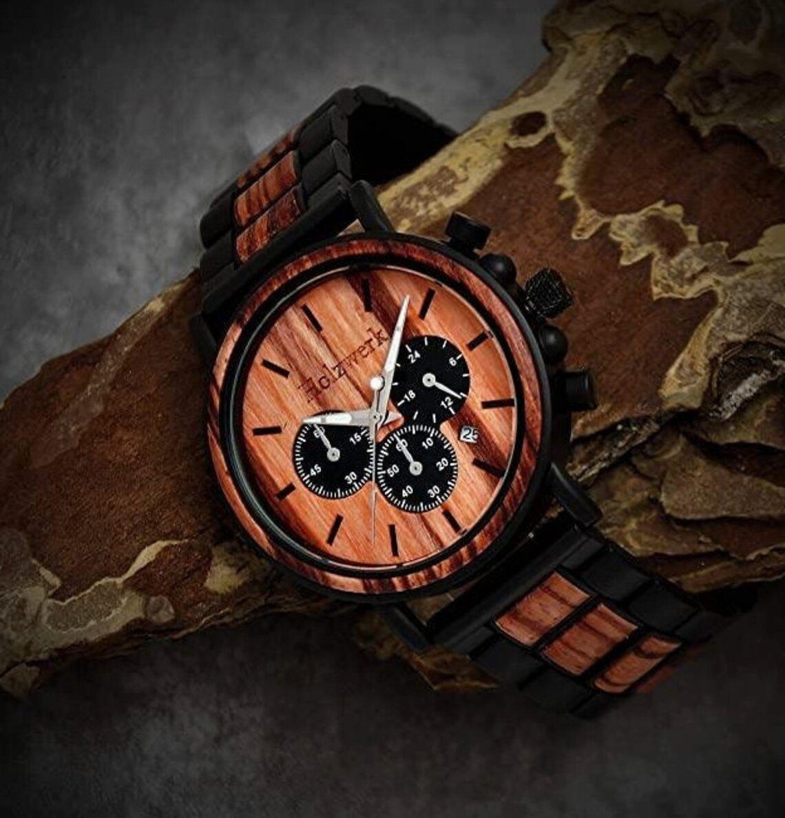Datum, Edelstahl Armband Holzwerk mit Uhr Holz schwarz, rot Chronograph Herren & BERNAU
